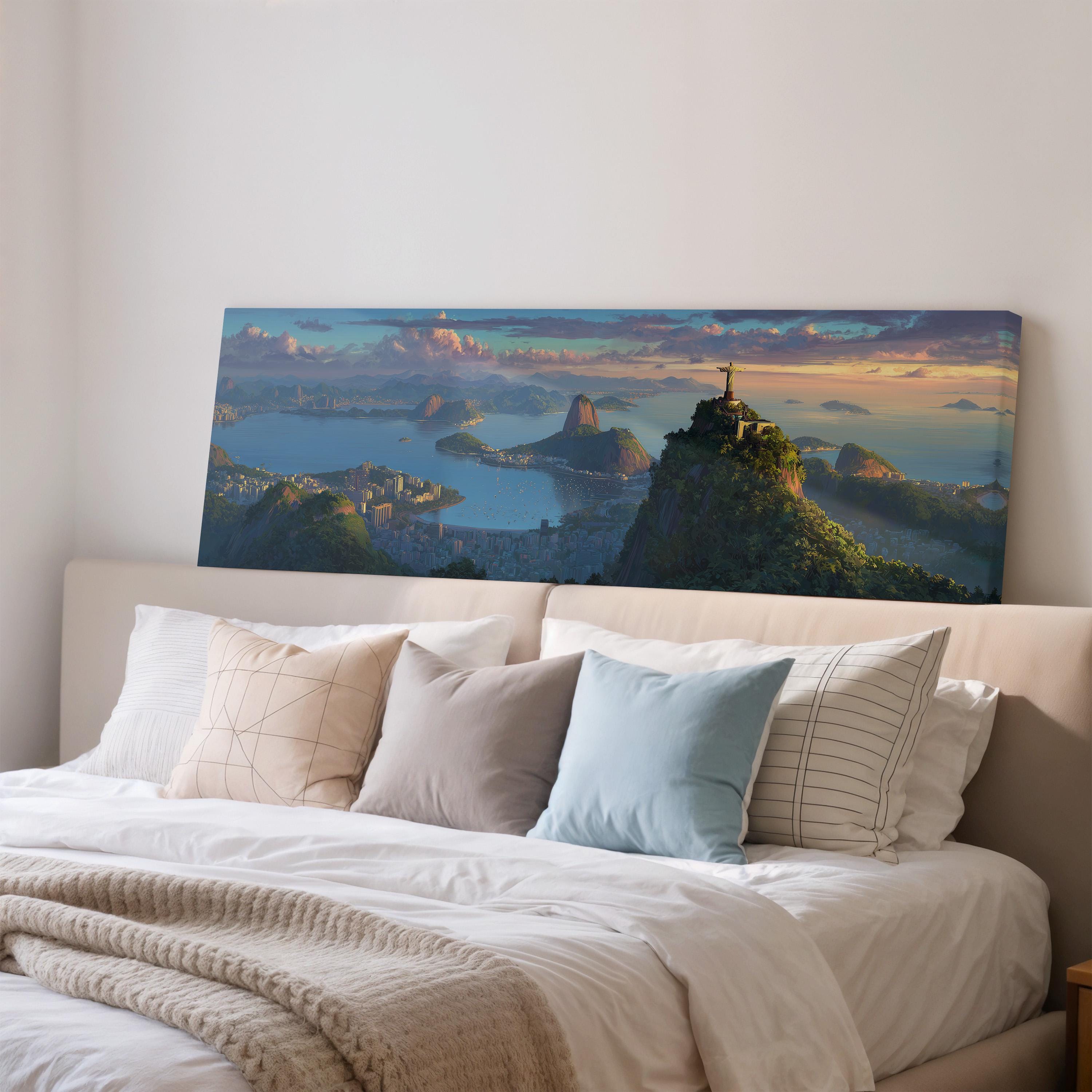a large, colorful painting of a mountainous landscape with a cityscape in the background, hanging on a wall above a bed with white bedding.