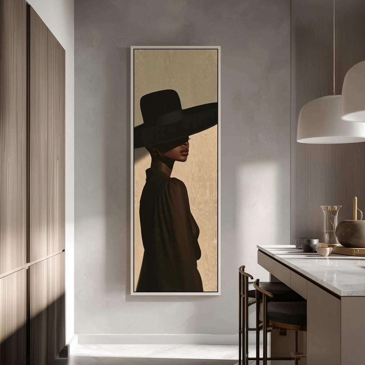 Woman in a wide black hat in profile tall skinny canvas print in a modern kitchen