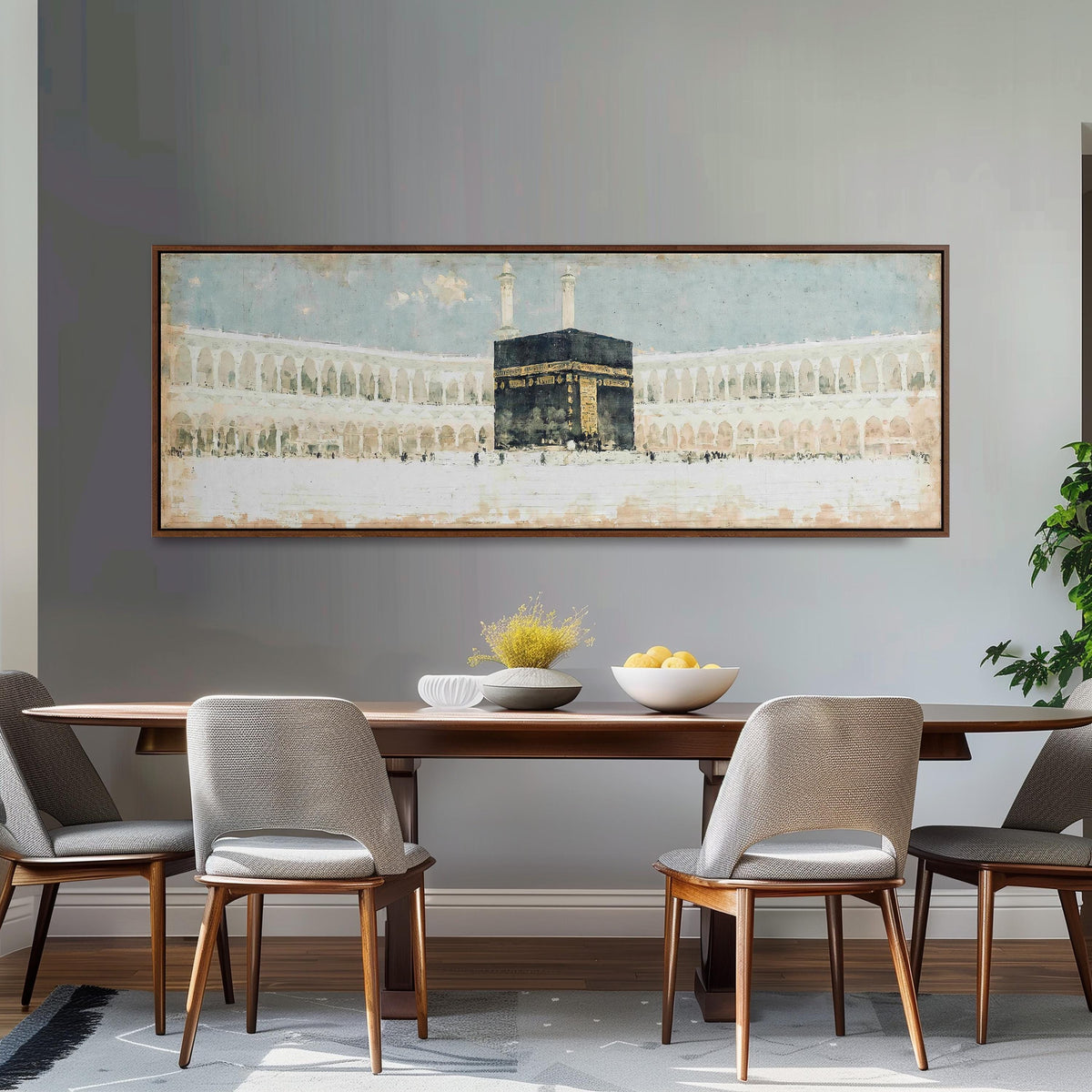 The Kaaba in the Grand Mosque courtyard long horizontal canvas print above a dining table