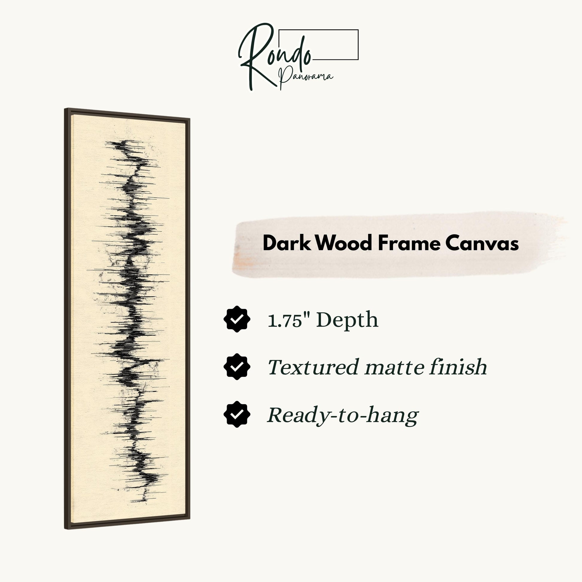 The image is a product description for a dark wood frame canvas. It features a vertical line with a textured finish and a 1.75" depth. The canvas is described as textured matte finish and ready-to-hang.