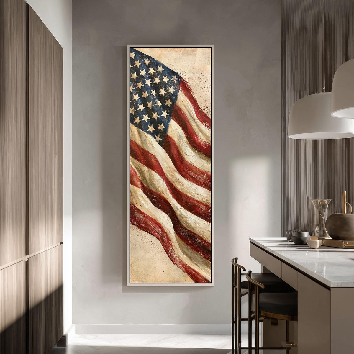 Textured waving American flag tall skinny canvas print in a modern kitchen