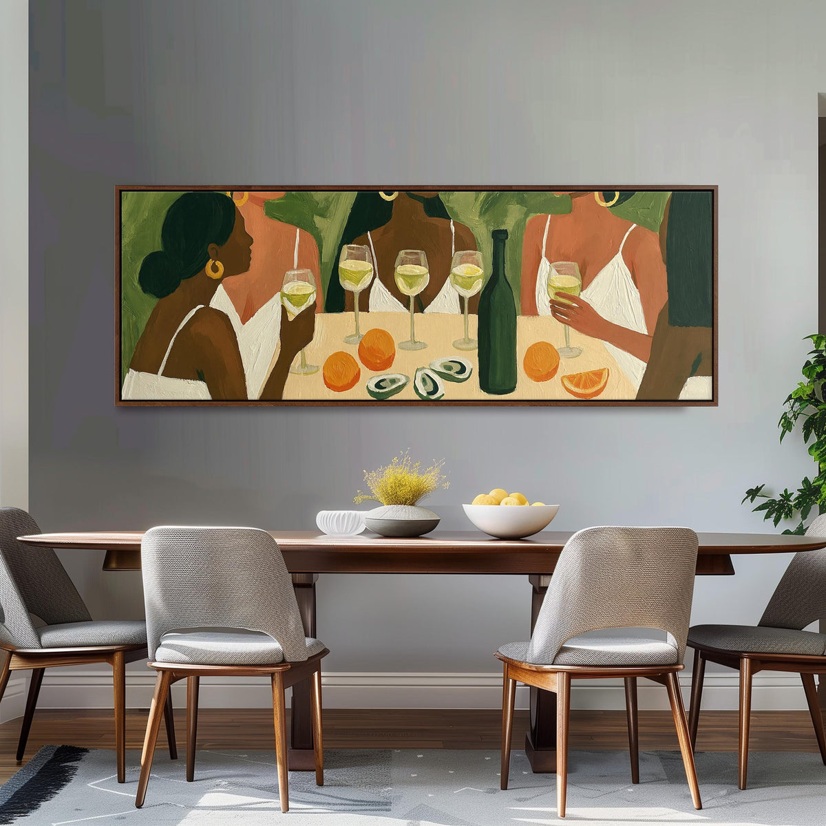 Friends toasting with white wine long horizontal canvas print above a dining table