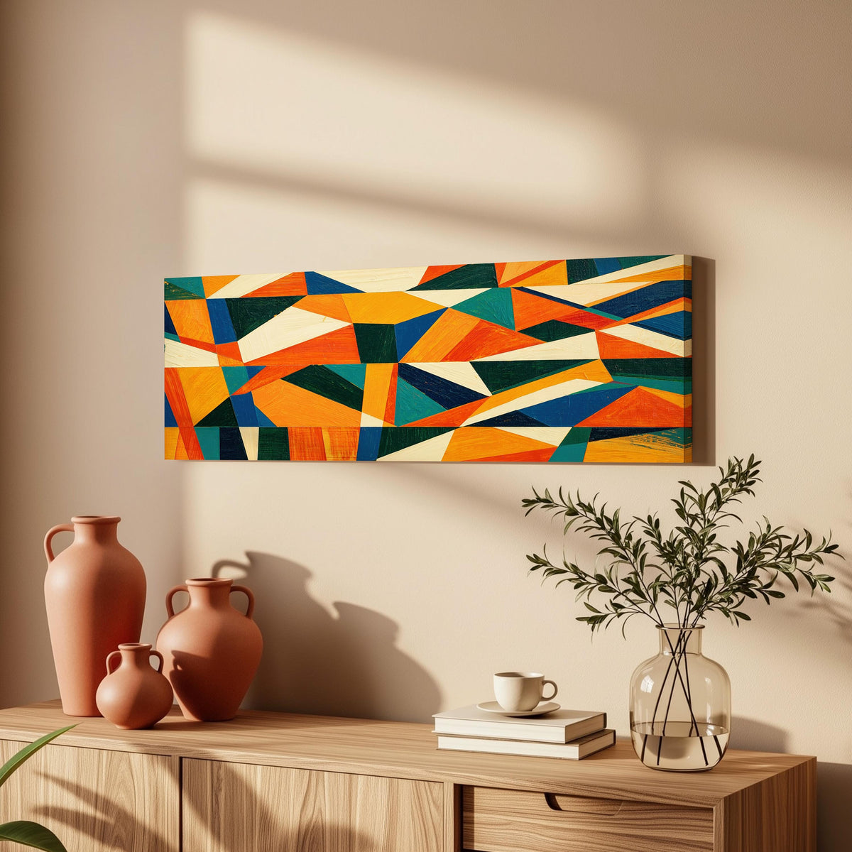 Orange and teal triangle mosaic long horizontal canvas print above a wooden sideboard