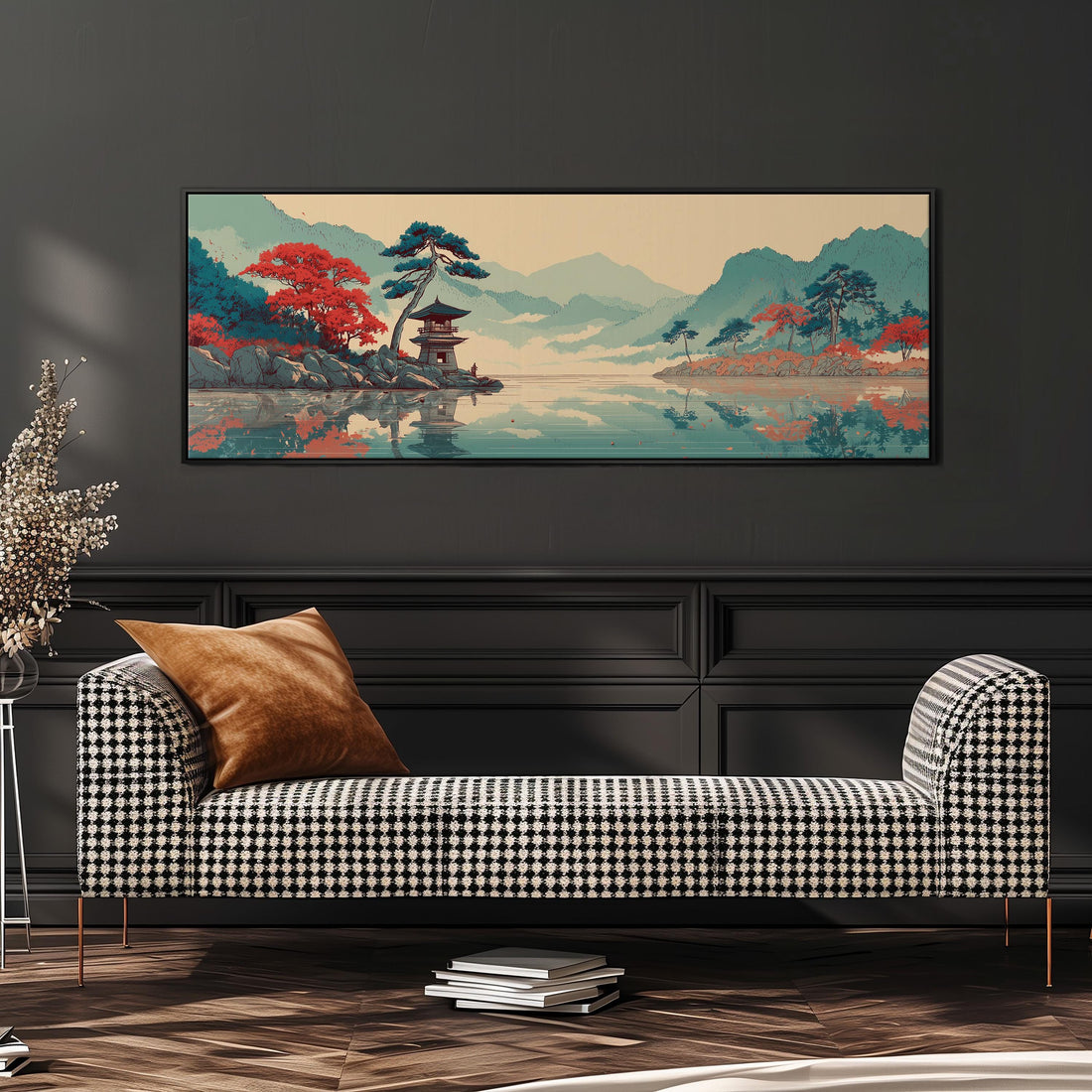 a large painting of a serene landscape with mountains, trees, and a temple, hanging above a bed with white pillows and a gray blanket.