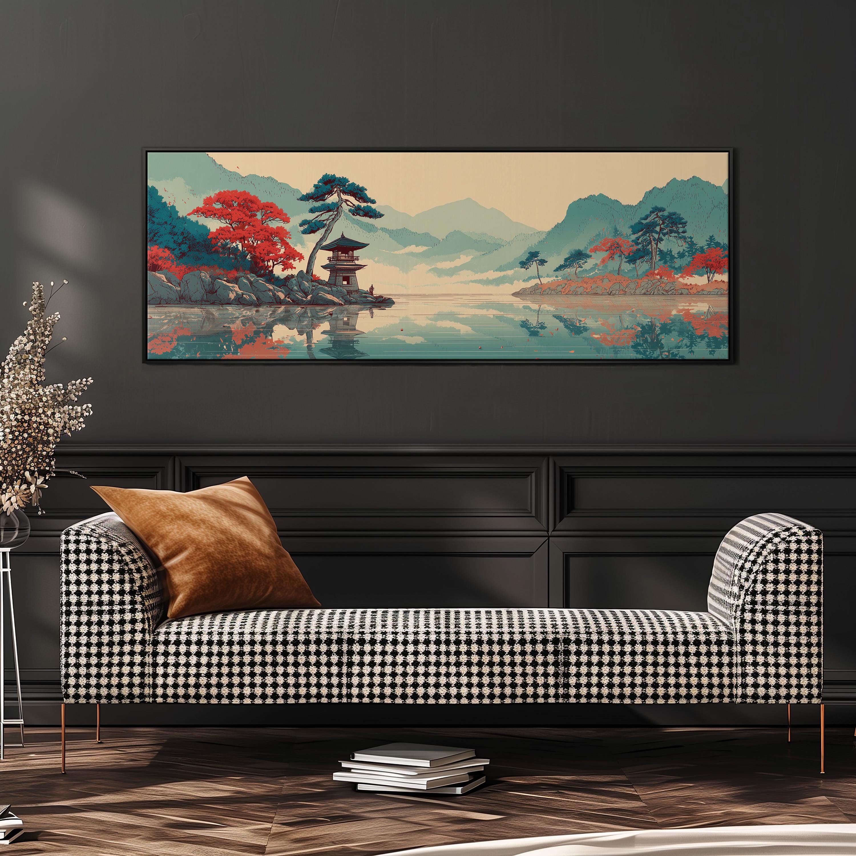 a large, colorful landscape painting hanging on a wall above a black and white checkered sofa.
