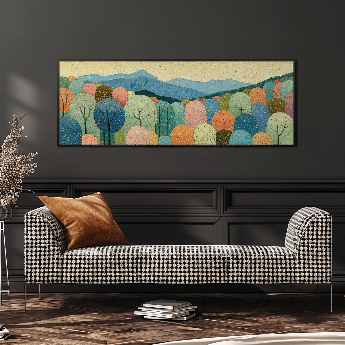 Pastel dotted forest below blue mountains wide panoramic canvas print above a bench in a dark living room