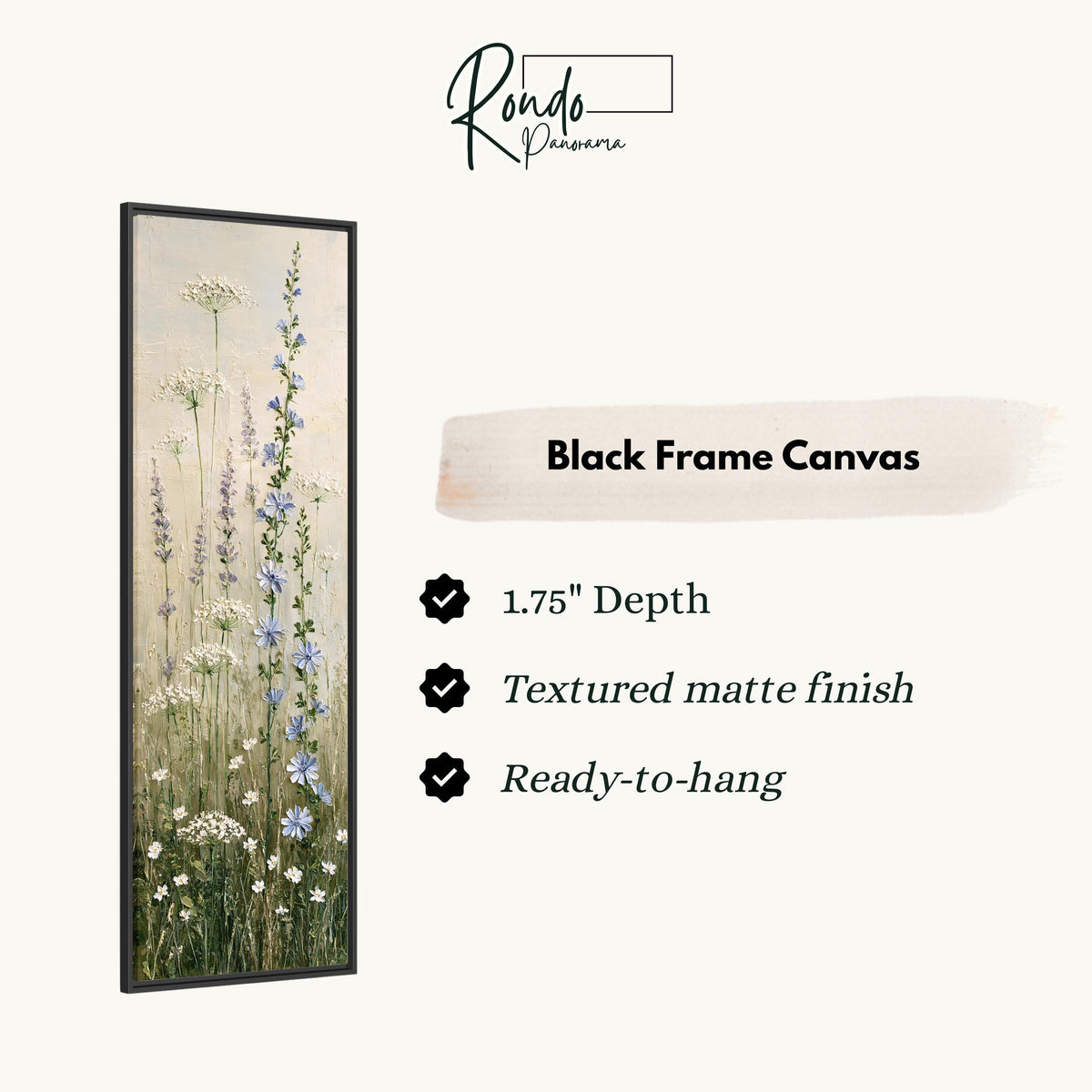 Chicory, lavender and Queen Anne's lace wildflowers canvas print in a black floating frame