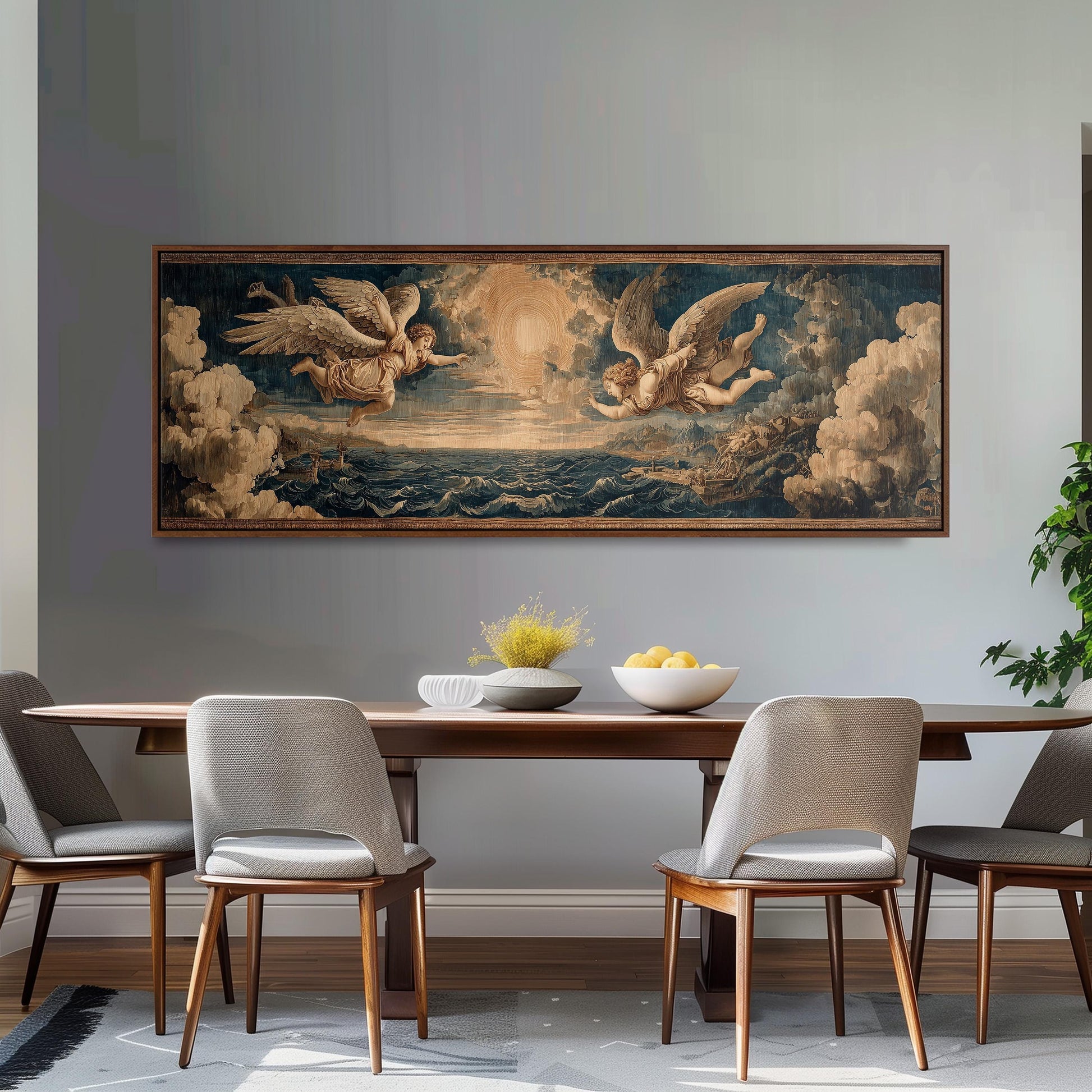 a dining room with a large painting of angels flying over a seascape hanging on the wall above a wooden dining table with four chairs.