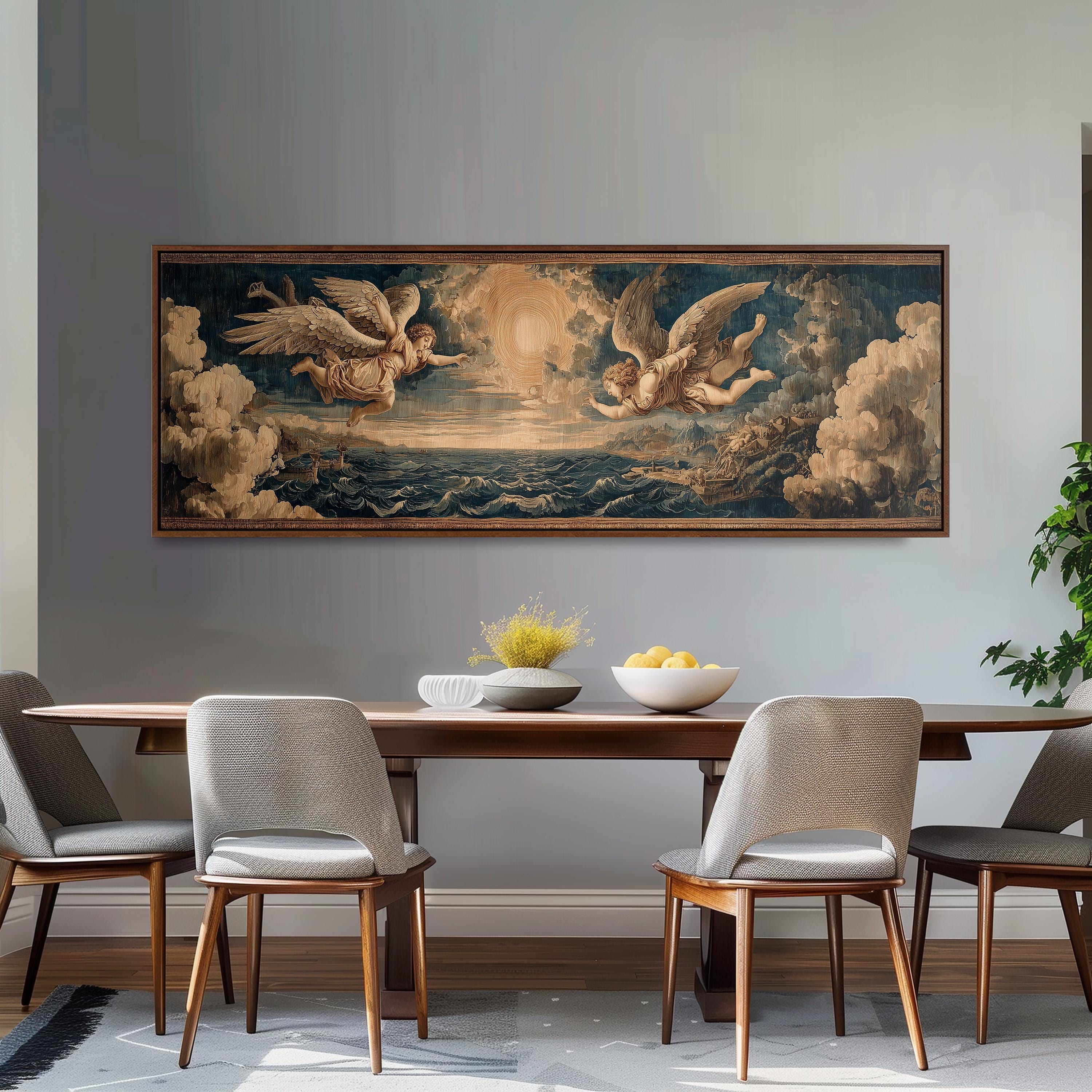 a dining room with a large painting of angels flying over a seascape hanging on the wall above a wooden dining table with four chairs.