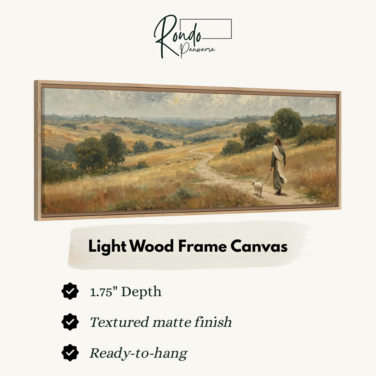 Jesus walking with a sheep on a golden hillside canvas print in a light wood floating frame