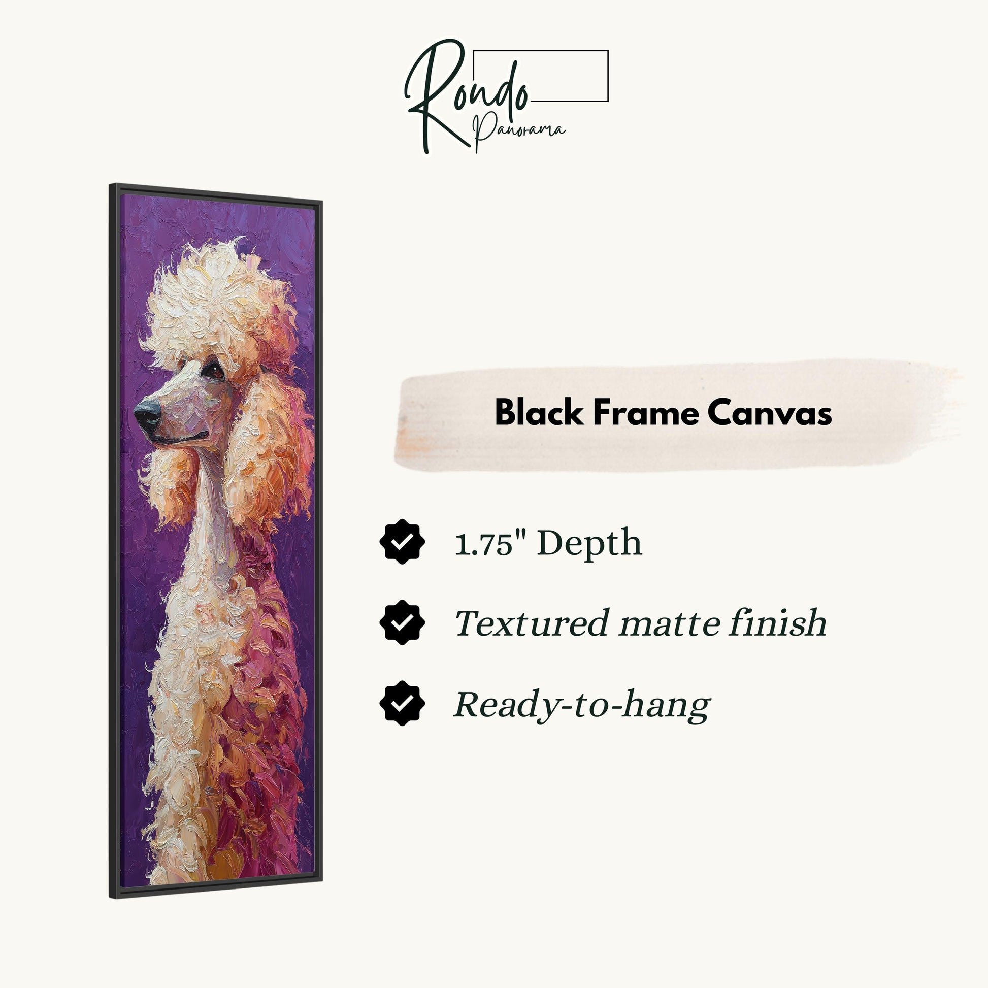 The image is a black frame canvas featuring a close-up of a poodle with a textured finish.