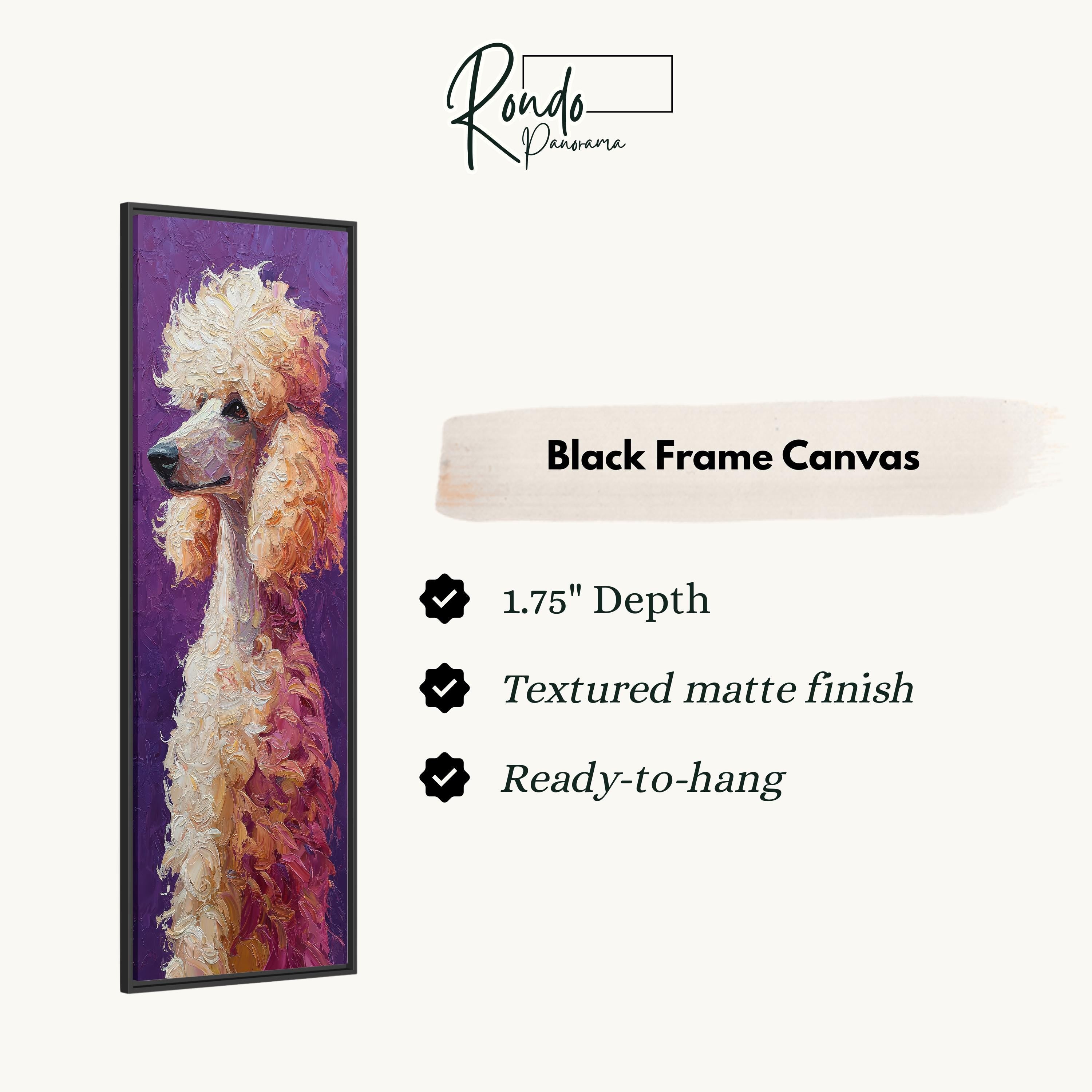 The image is a black frame canvas featuring a close-up of a poodle with a textured finish.