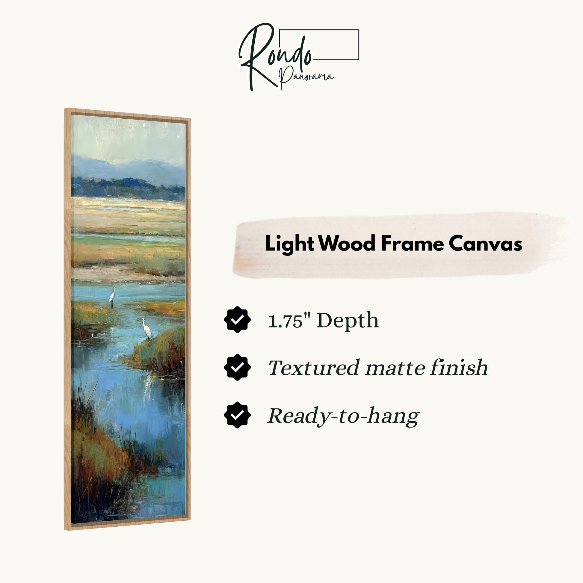 The image is a light wood frame canvas depicting a serene landscape with a body of water and a bird in the foreground.