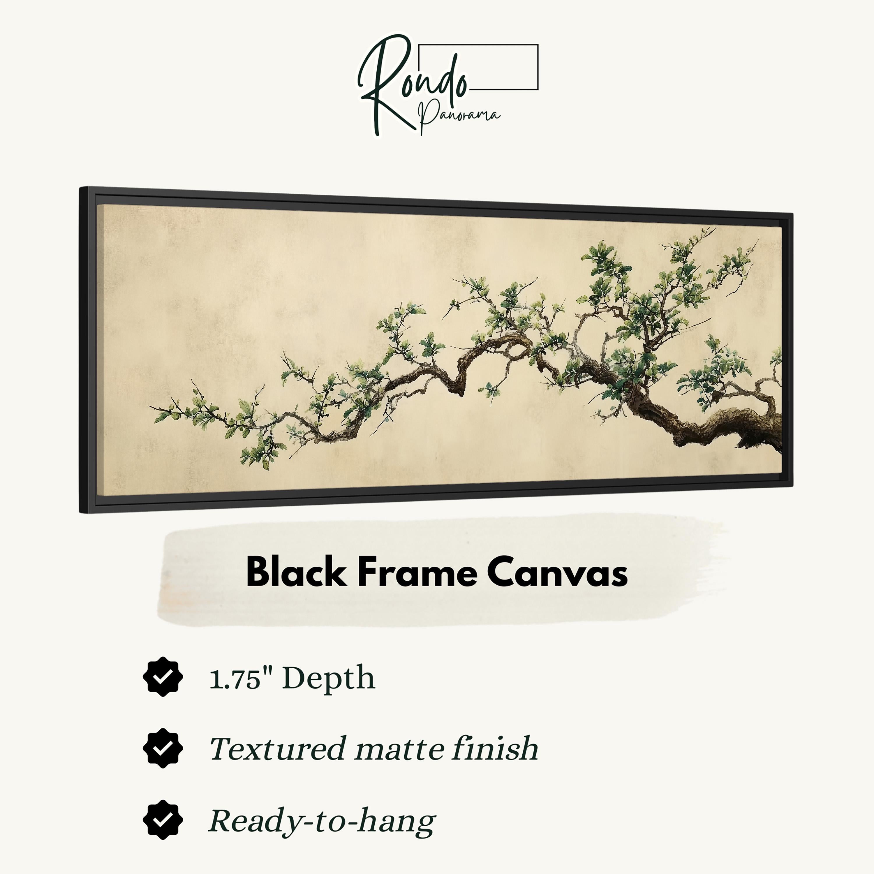 a black frame canvas with a painting of a branch with green leaves.