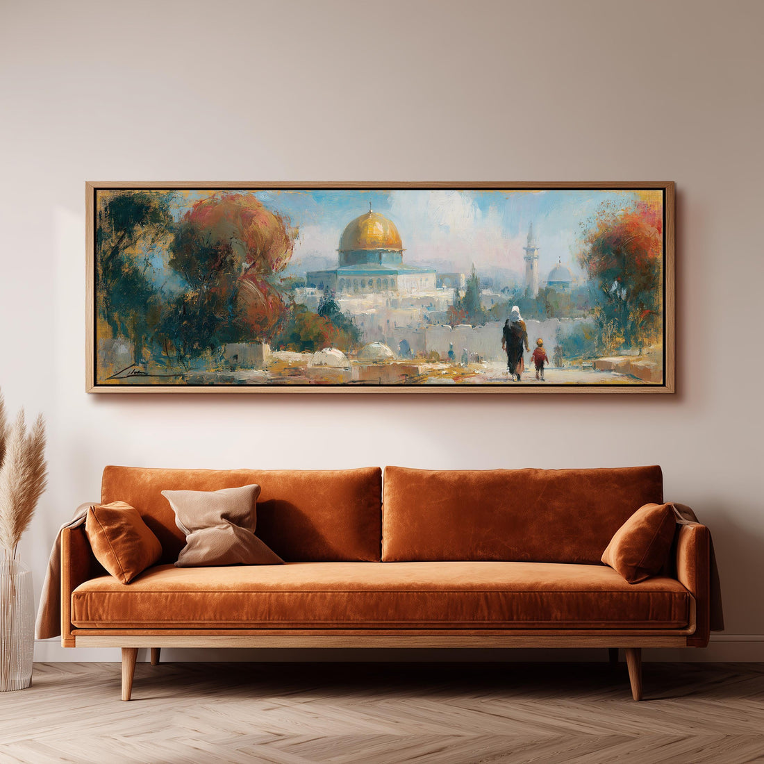The golden Dome of the Rock in Jerusalem long horizontal canvas print above a sofa in a living room