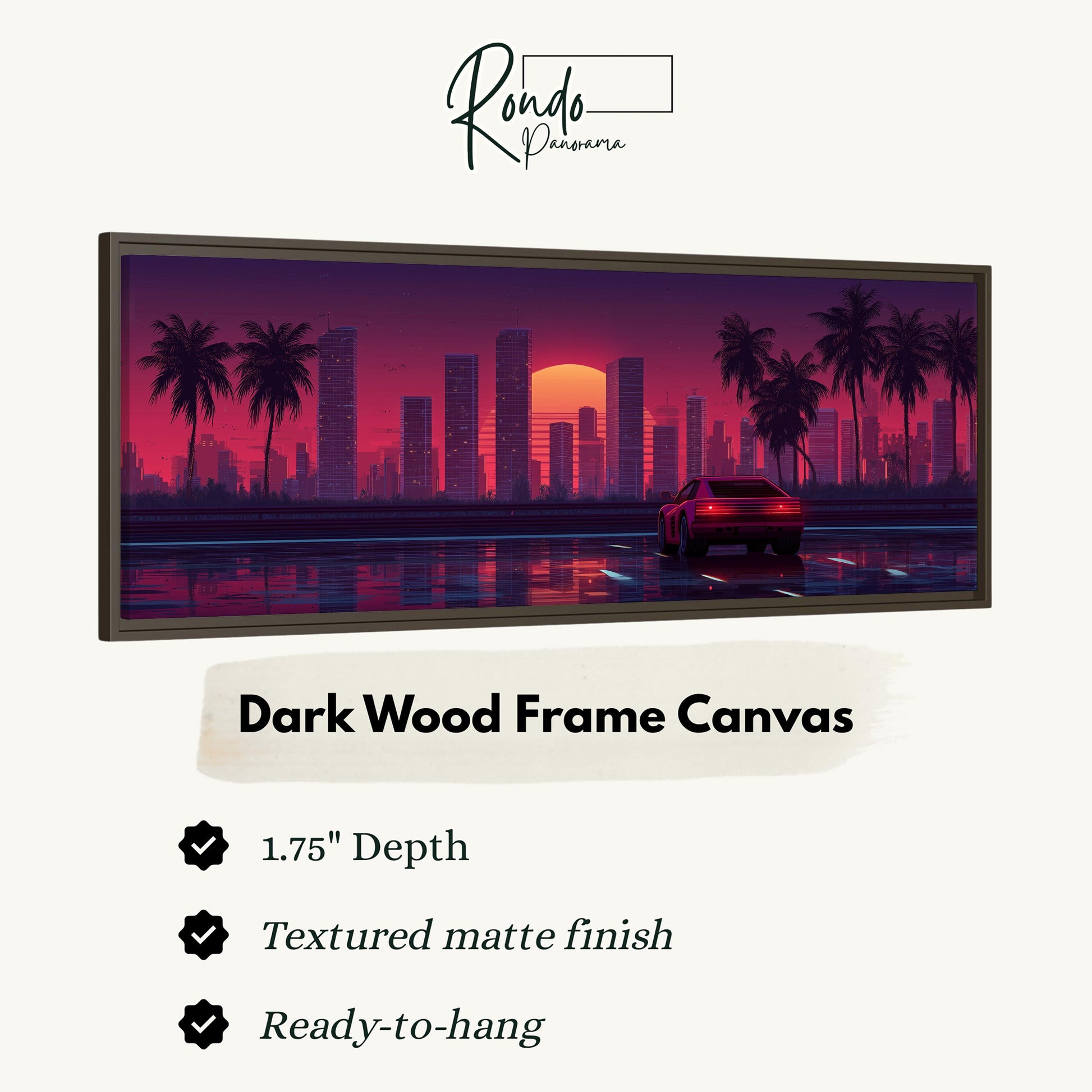 The image is a digital artwork depicting a cityscape at sunset with palm trees and a car driving on a road.