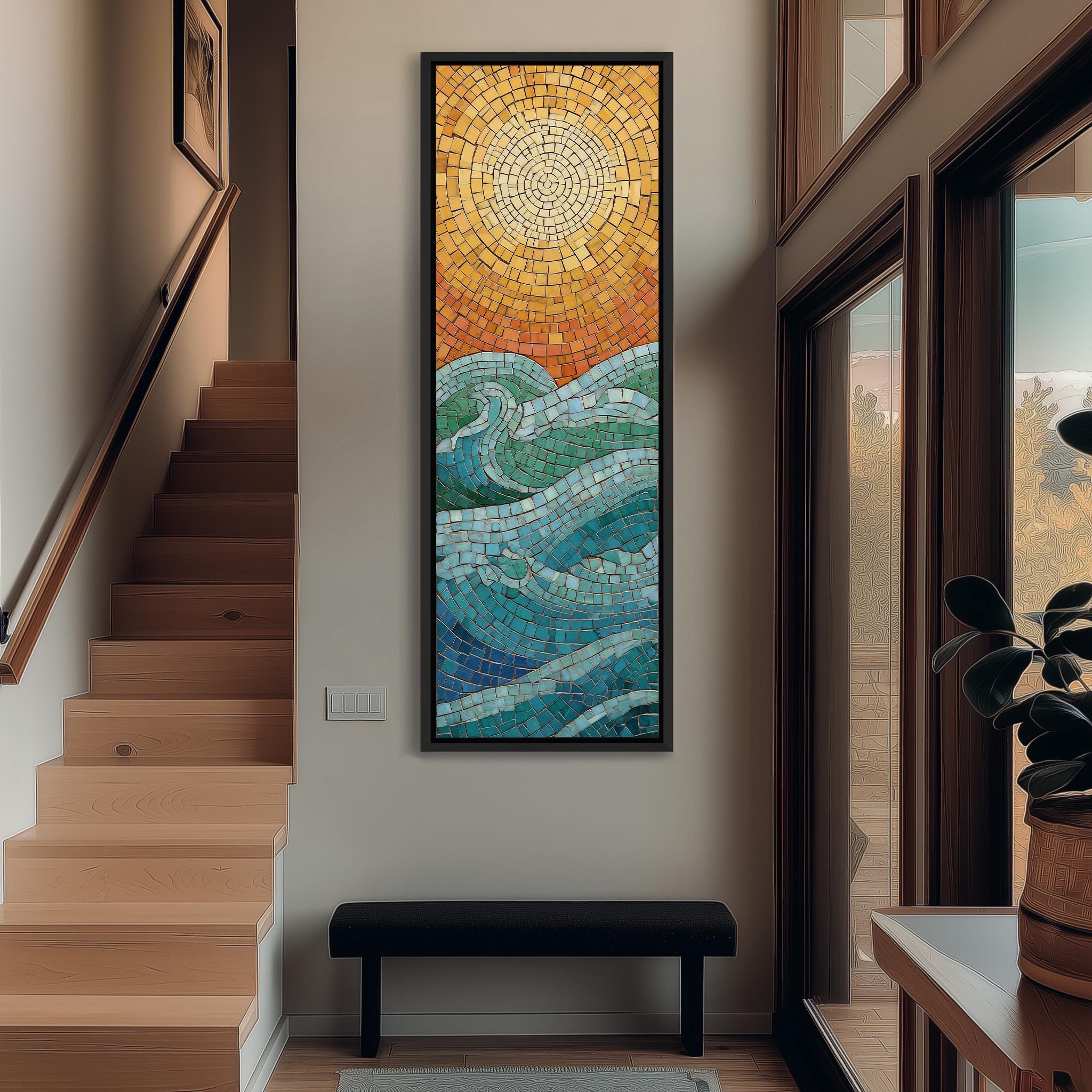 a large, colorful mosaic artwork hanging on the wall of a hallway. The artwork depicts a sun and a wave, creating a vibrant and eye-catching display. The hallway is well-lit, with a staircase visible on the left side of the image. A bench is also present in the scene, adding a touch of comfort and functionality to the space.