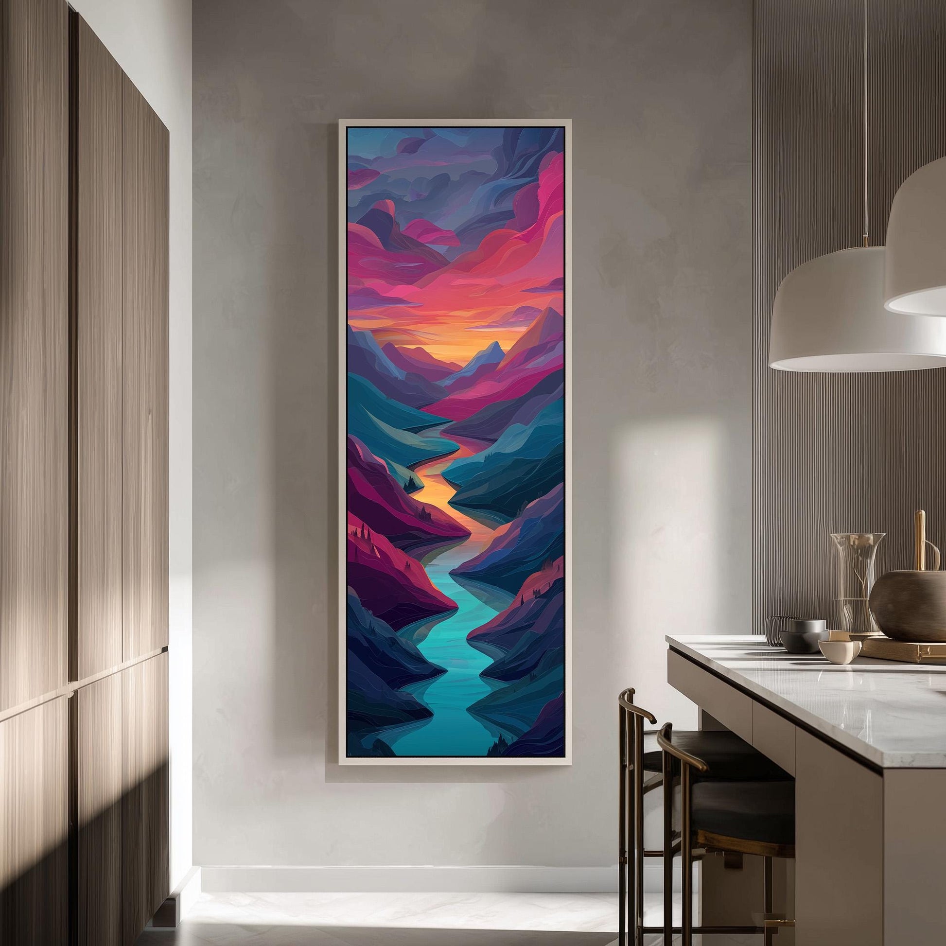 a large, colorful painting of a mountain landscape hanging on a wall in a modern, minimalist kitchen.