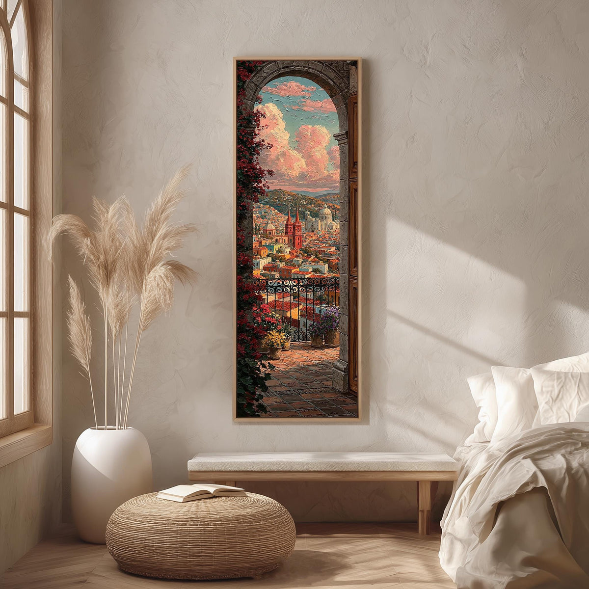 Colorful city view from a flowered balcony arch long vertical canvas print in a bright reading corner