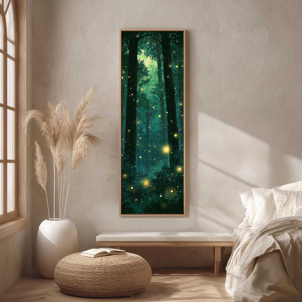 Fireflies glowing in a dark teal forest long vertical canvas print in a bright reading corner