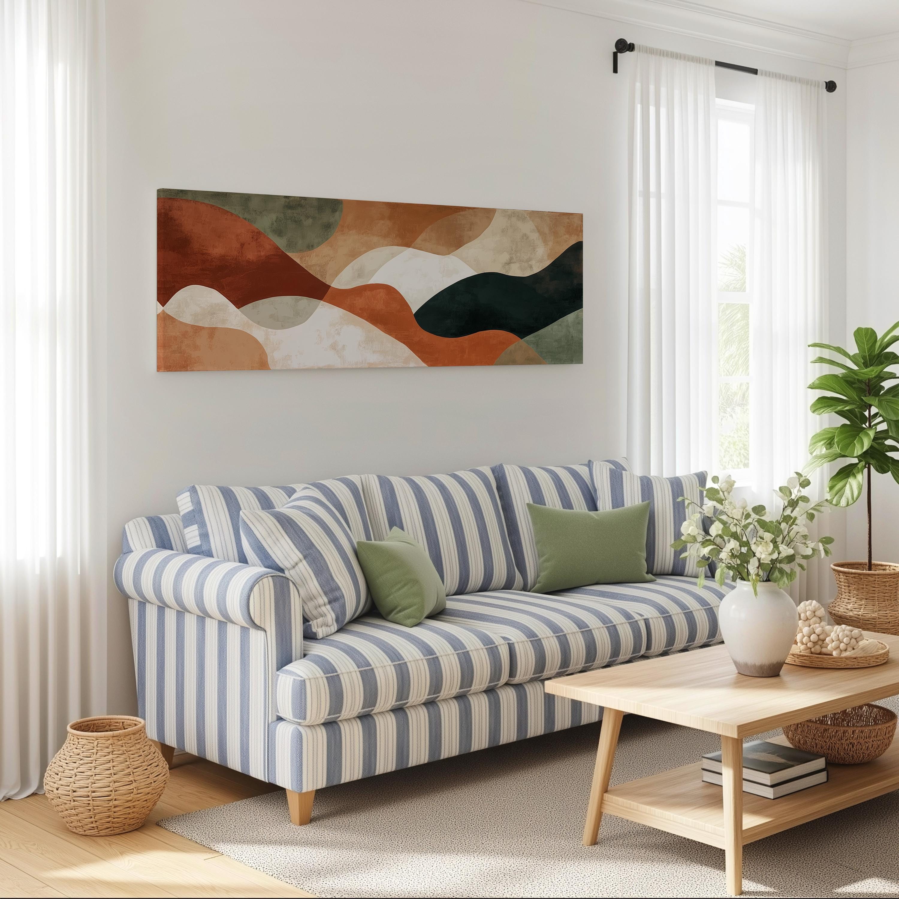 a cozy living room with a striped blue and white sofa, a wooden coffee table, and a large abstract painting on the wall.