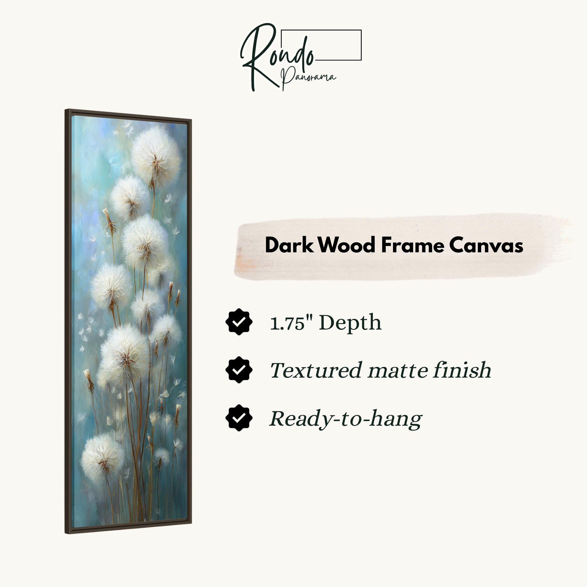 The image is a dark wood frame canvas featuring a painting of dandelions.