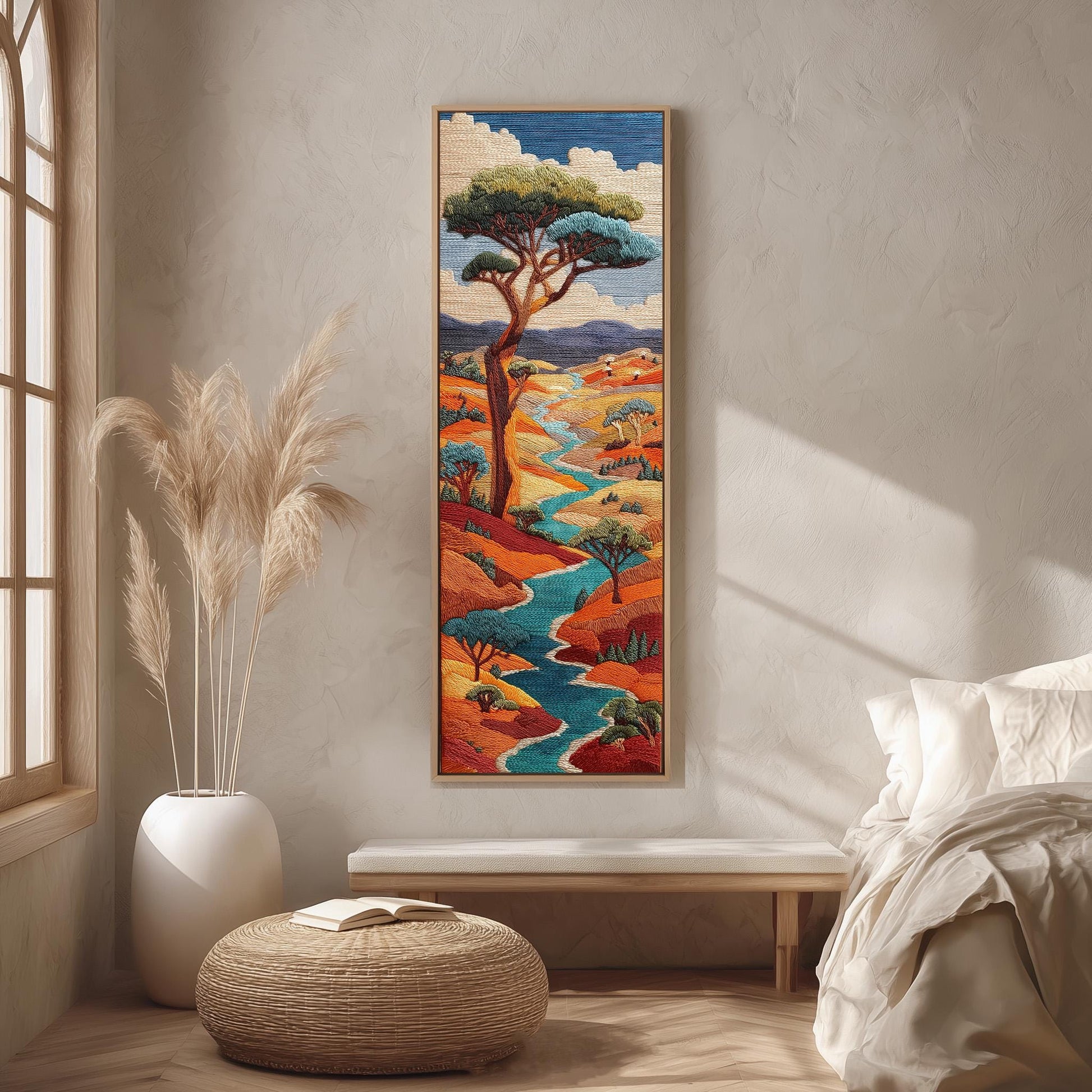 a large, colorful tapestry hanging on a wall in a room with a wooden floor and a white bench. The tapestry depicts a vibrant landscape with a winding river, lush greenery, and a blue sky with fluffy clouds.