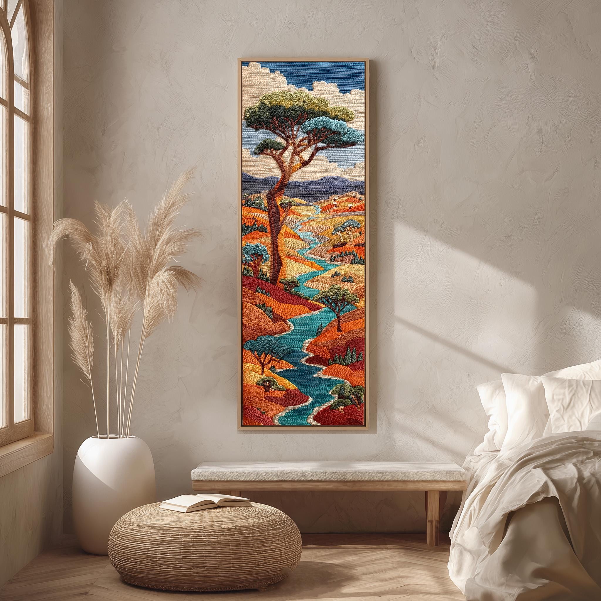 a large, colorful tapestry hanging on a wall in a room with a wooden floor and a white bench. The tapestry depicts a vibrant landscape with a winding river, lush greenery, and a blue sky with fluffy clouds.