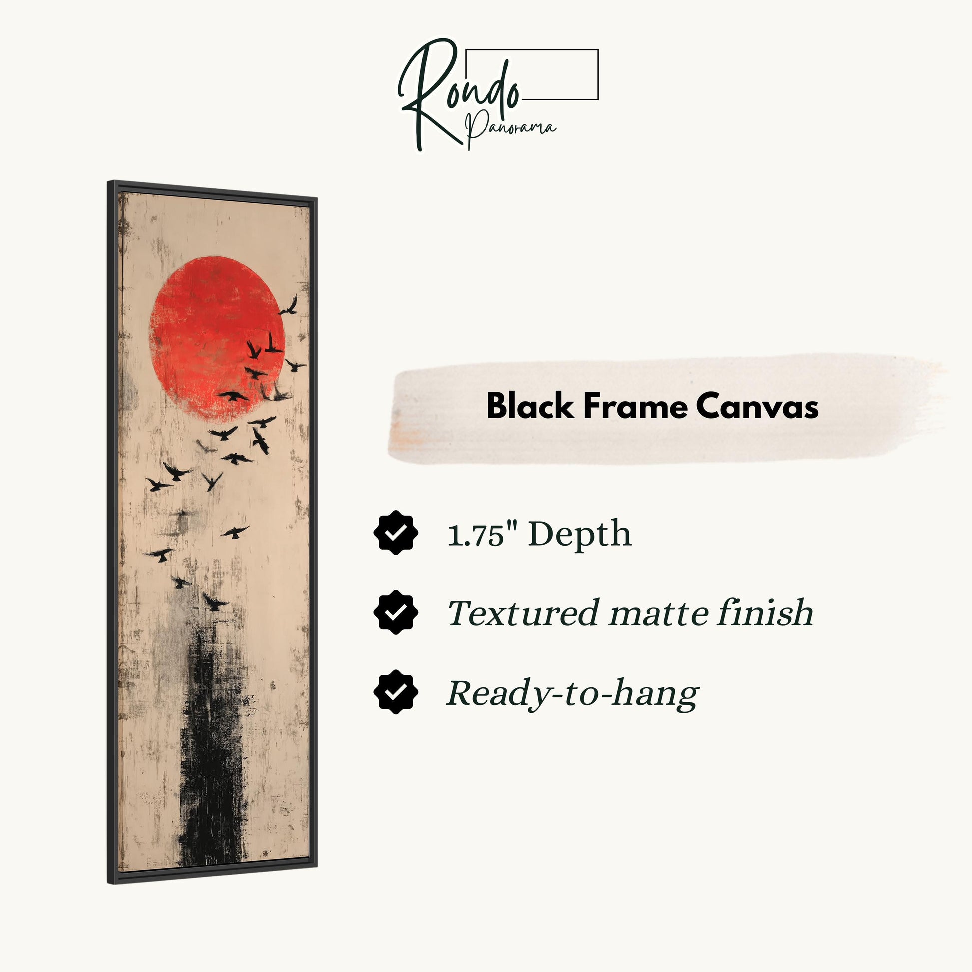 The image is a black frame canvas featuring a striking red sun with black silhouettes of birds flying around it. The canvas has a 1.75" depth, a textured matte finish, and is ready to hang.
