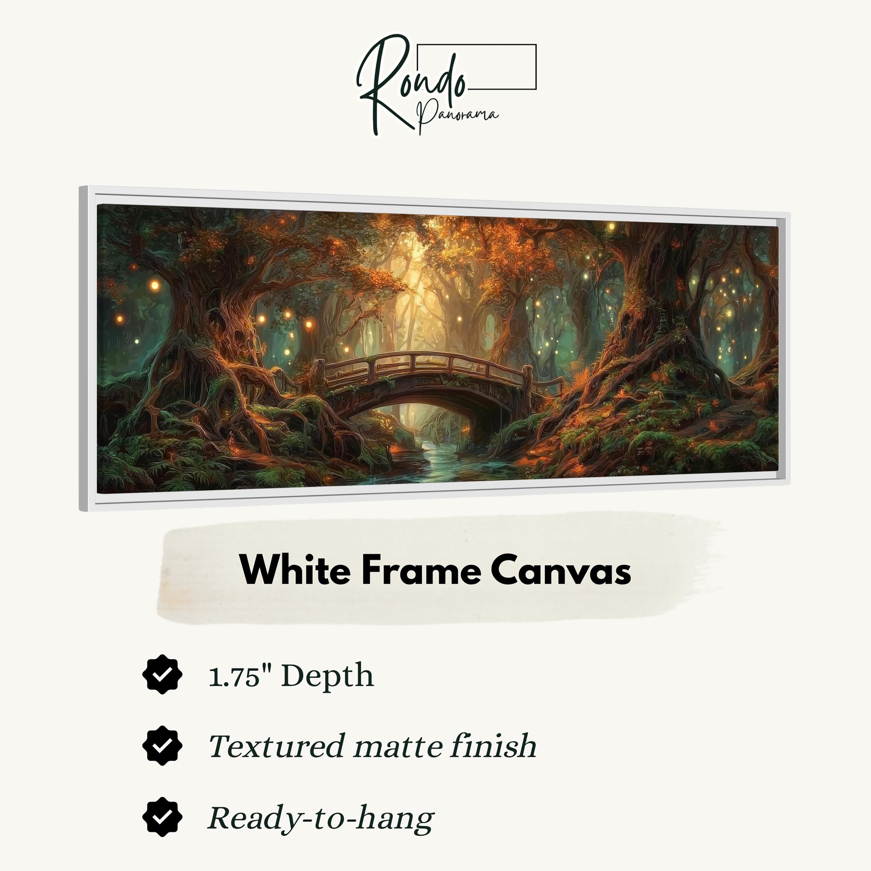 The image is a white frame canvas depicting a forest scene with a bridge.