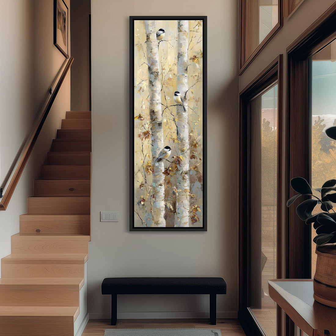 a large painting of birch trees hanging on a wall in a room with a wooden cabinet below it.