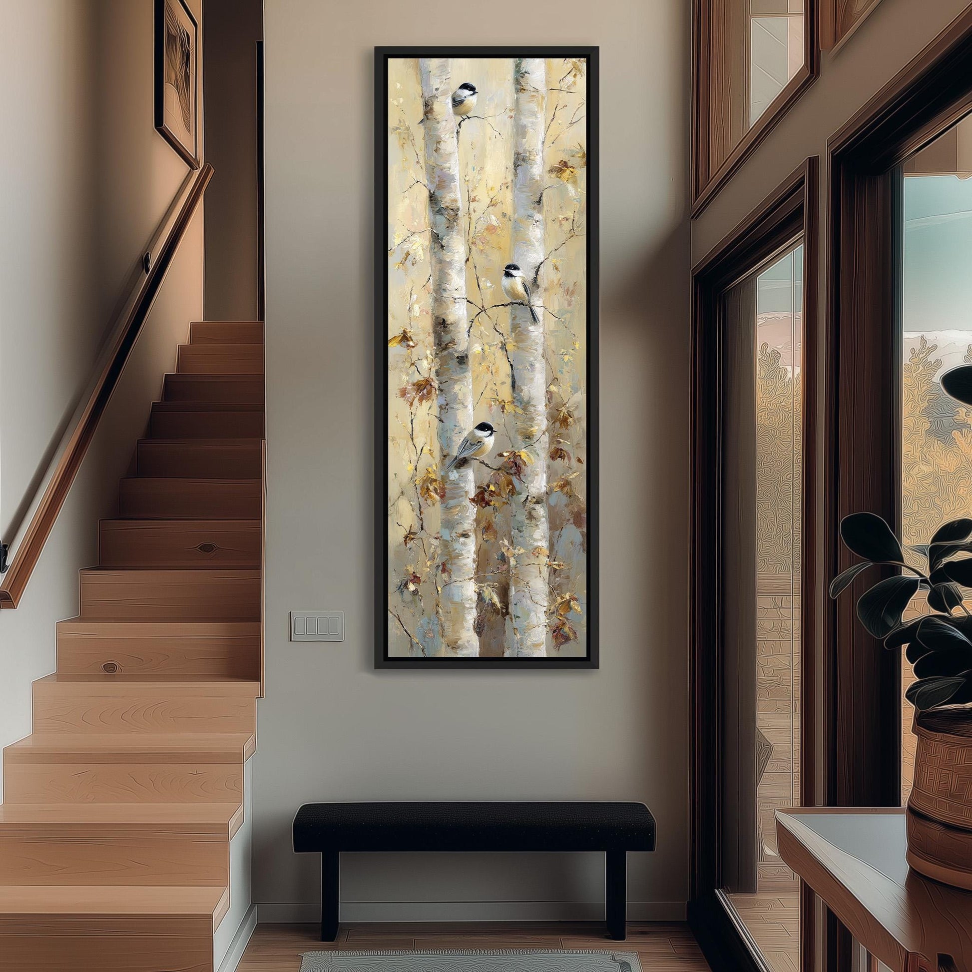 a large painting of birch trees hanging on the wall of a hallway.