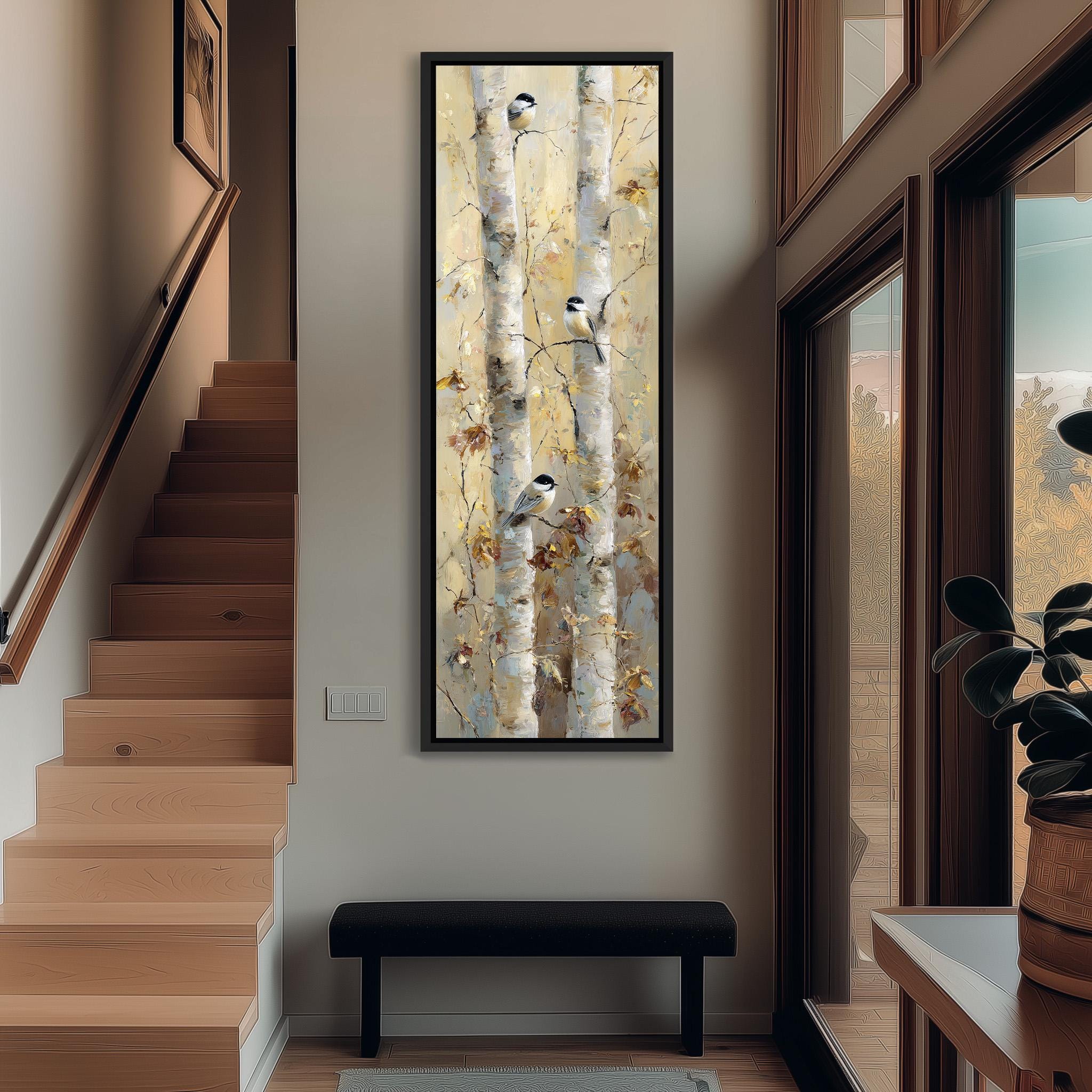 a large painting of birch trees hanging on the wall of a hallway.