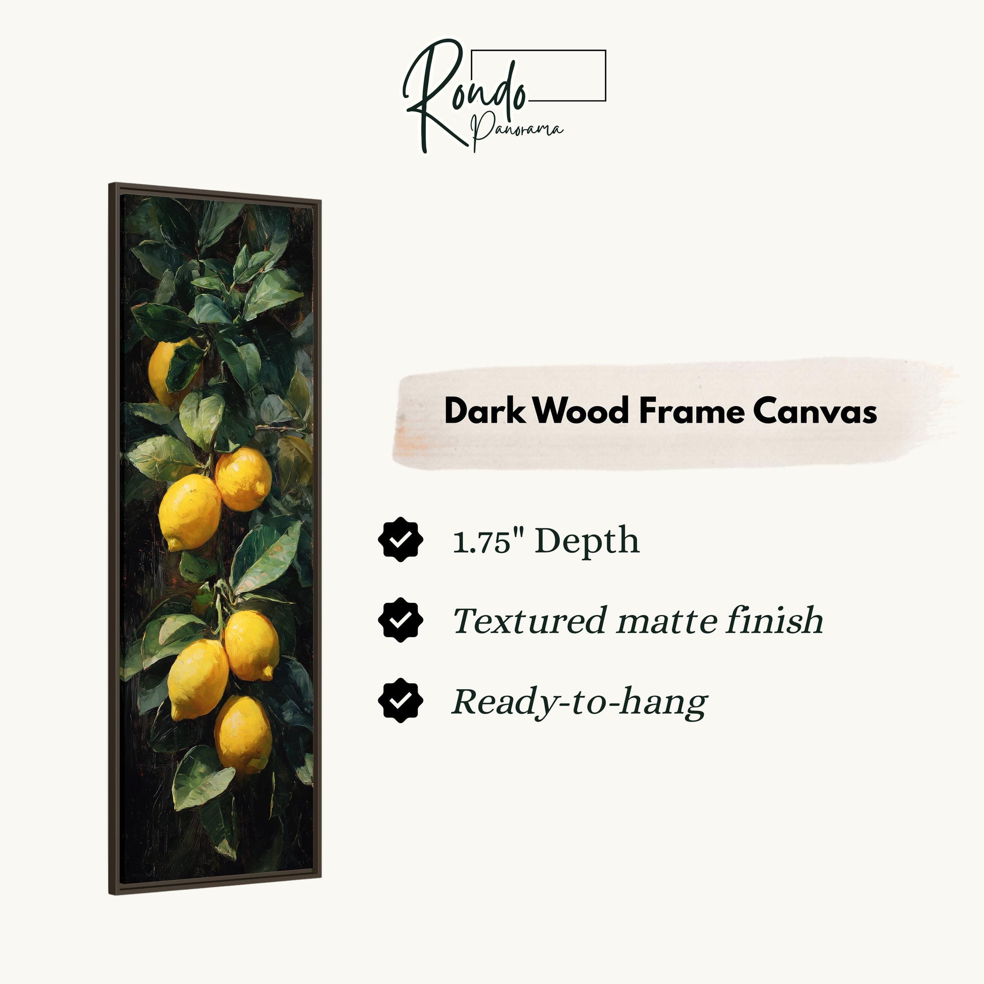 The image is a dark wood frame canvas featuring a painting of lemons hanging from a branch.