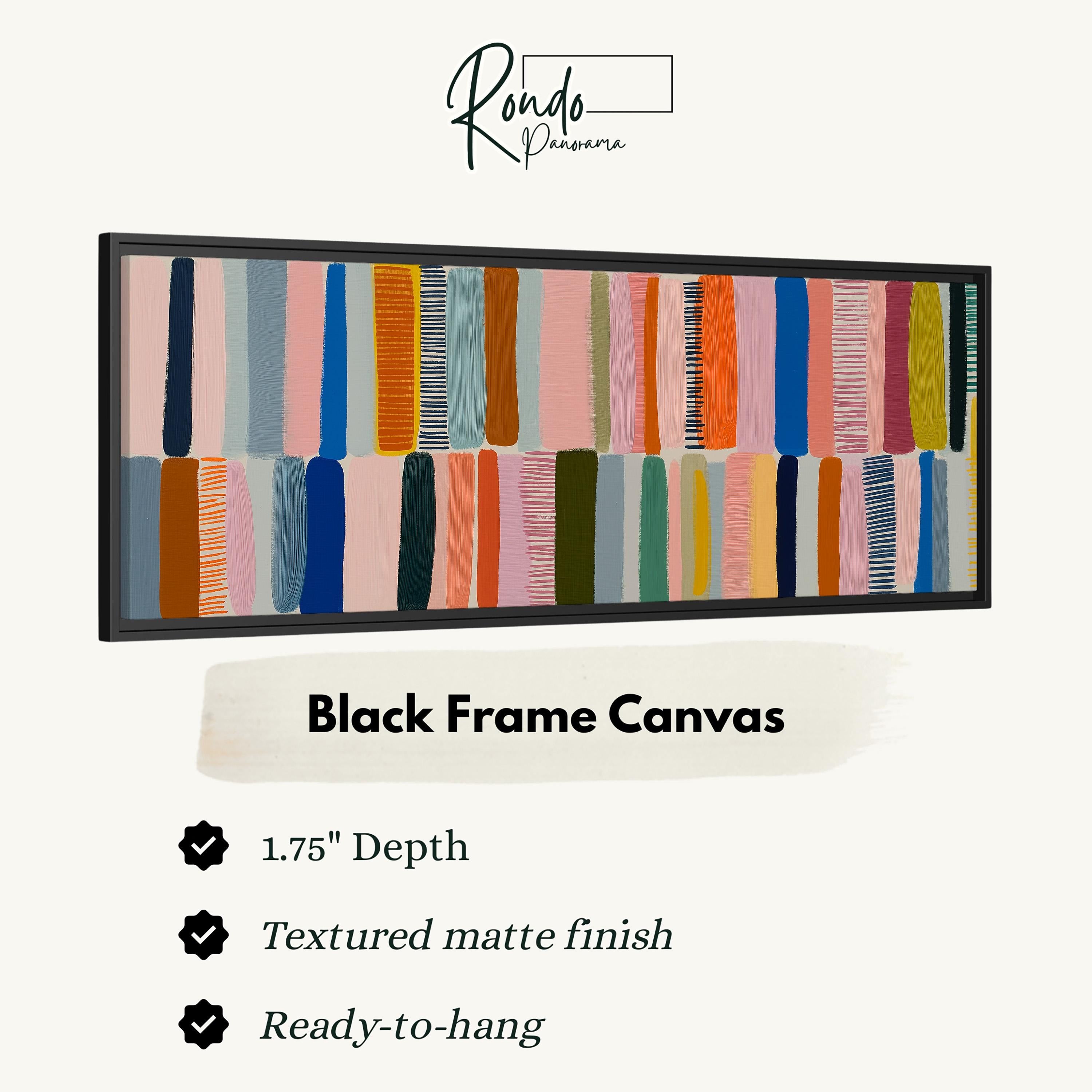 The image is a black frame canvas with a vibrant abstract design featuring vertical lines in various colors such as pink, blue, green, and orange. The frame has a 1.75" depth and is textured with a matte finish. It is ready to hang.
