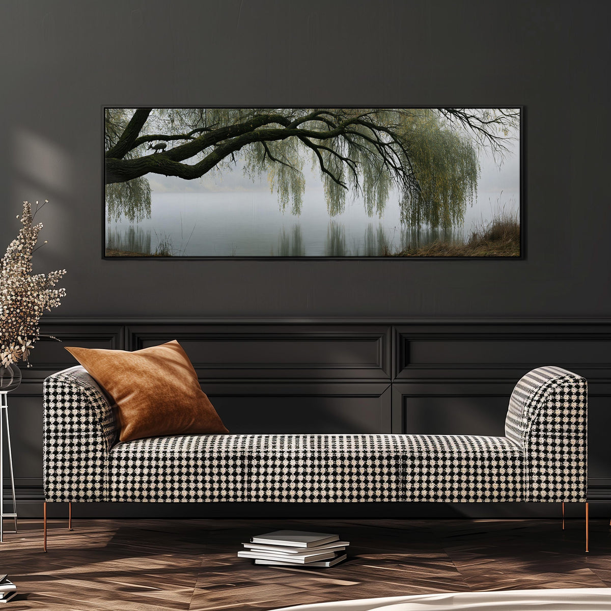 Weeping willow over a misty lake long horizontal canvas print above a dining table