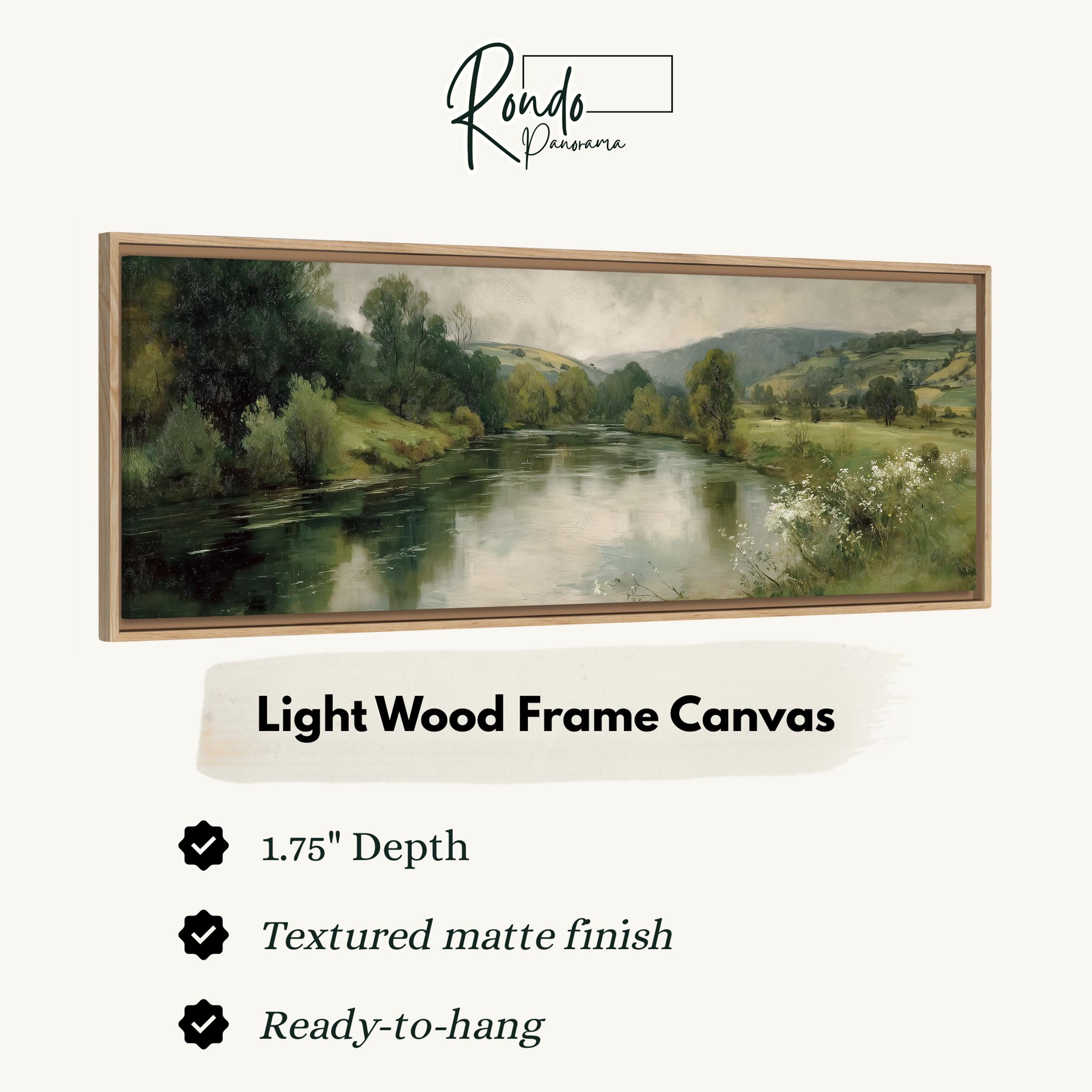 The image is a framed painting depicting a serene landscape with a river and trees.