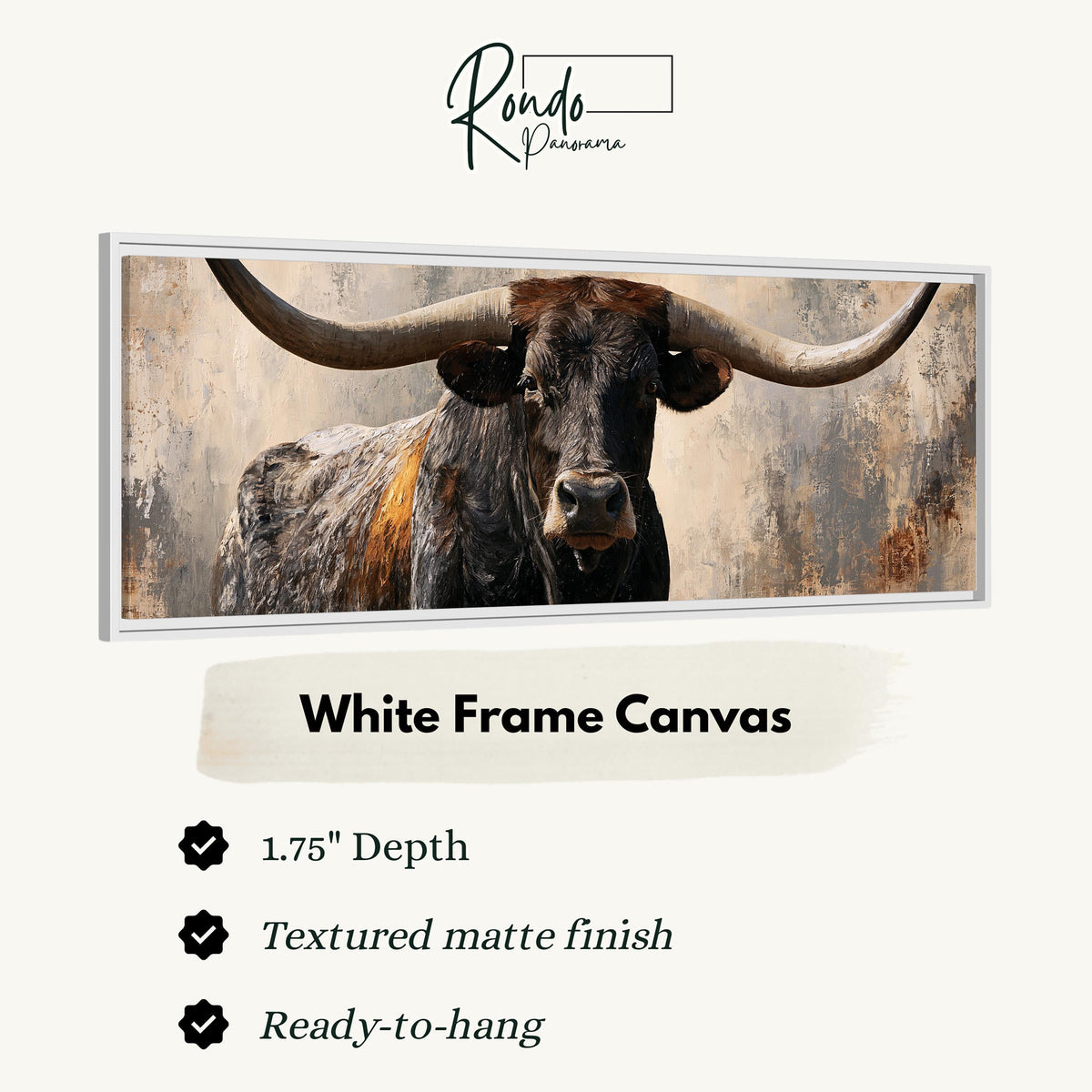 Longhorn bull portrait canvas print in a white floating frame