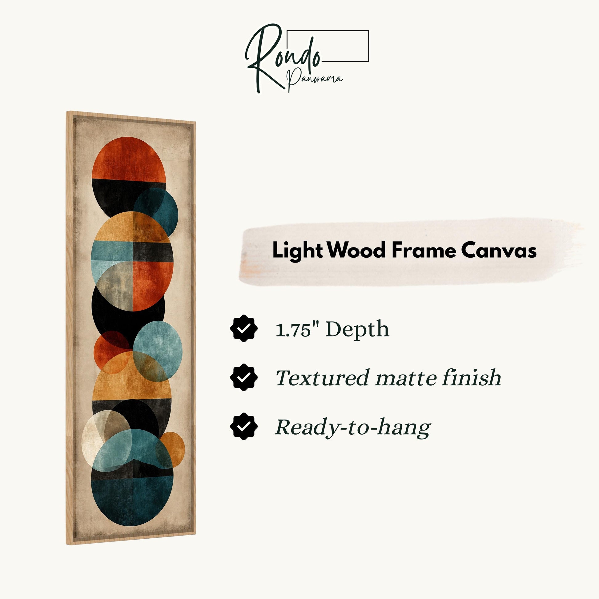 The image is a light wood frame canvas featuring a geometric design with circles and lines.