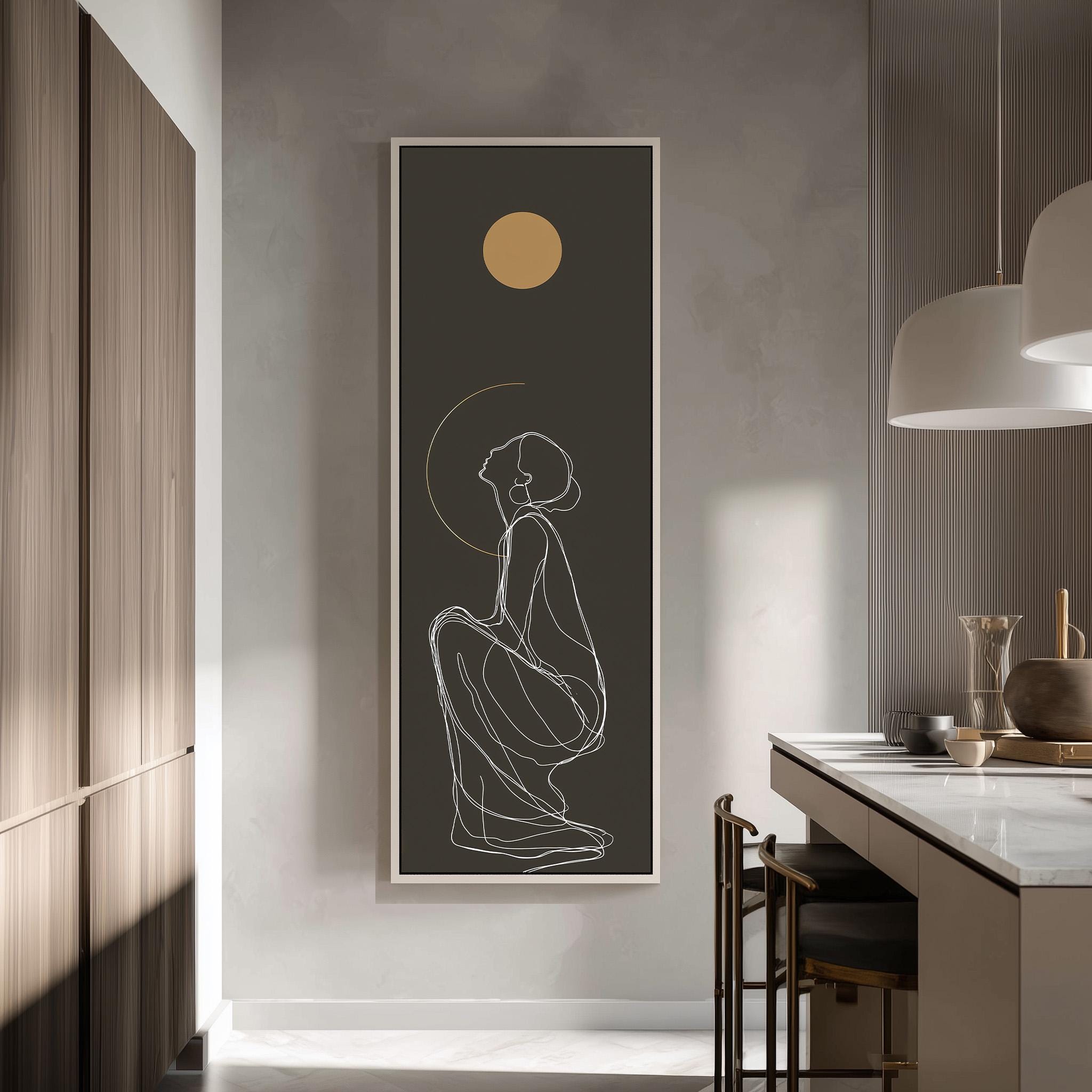 a minimalist art piece with a simple line drawing of a woman in a contemplative pose, set against a dark background with a large circle above her head.