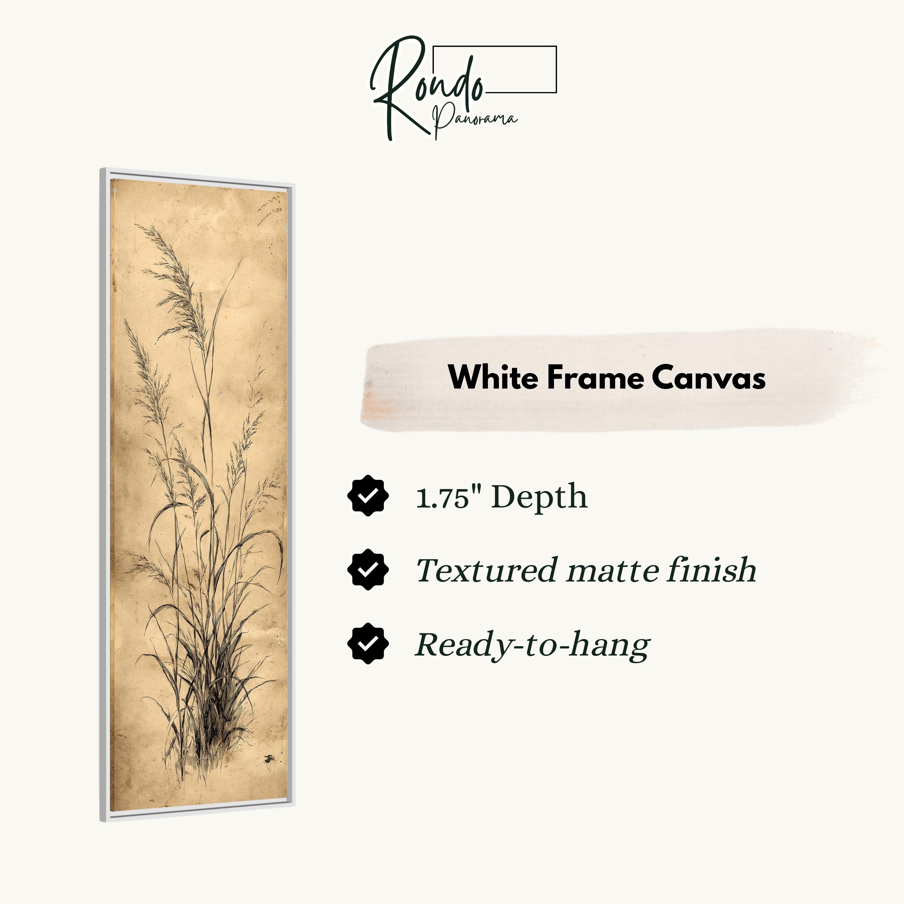 The image is a white frame canvas with a black and white illustration of tall grasses or reeds.