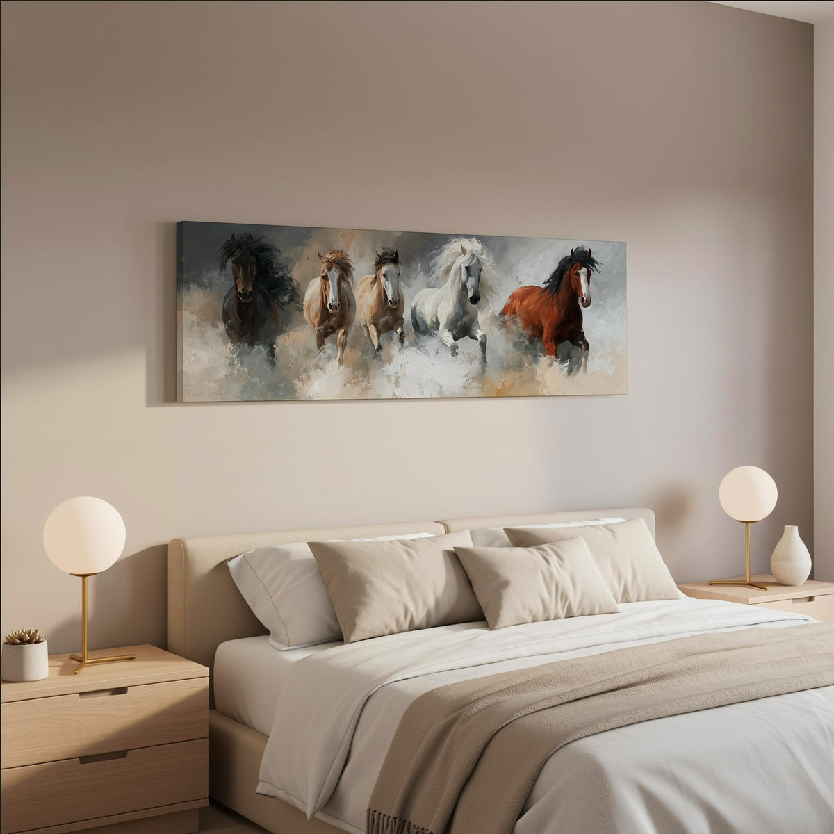 Five horses running through smoke wide panoramic canvas print above a bed in a neutral bedroom