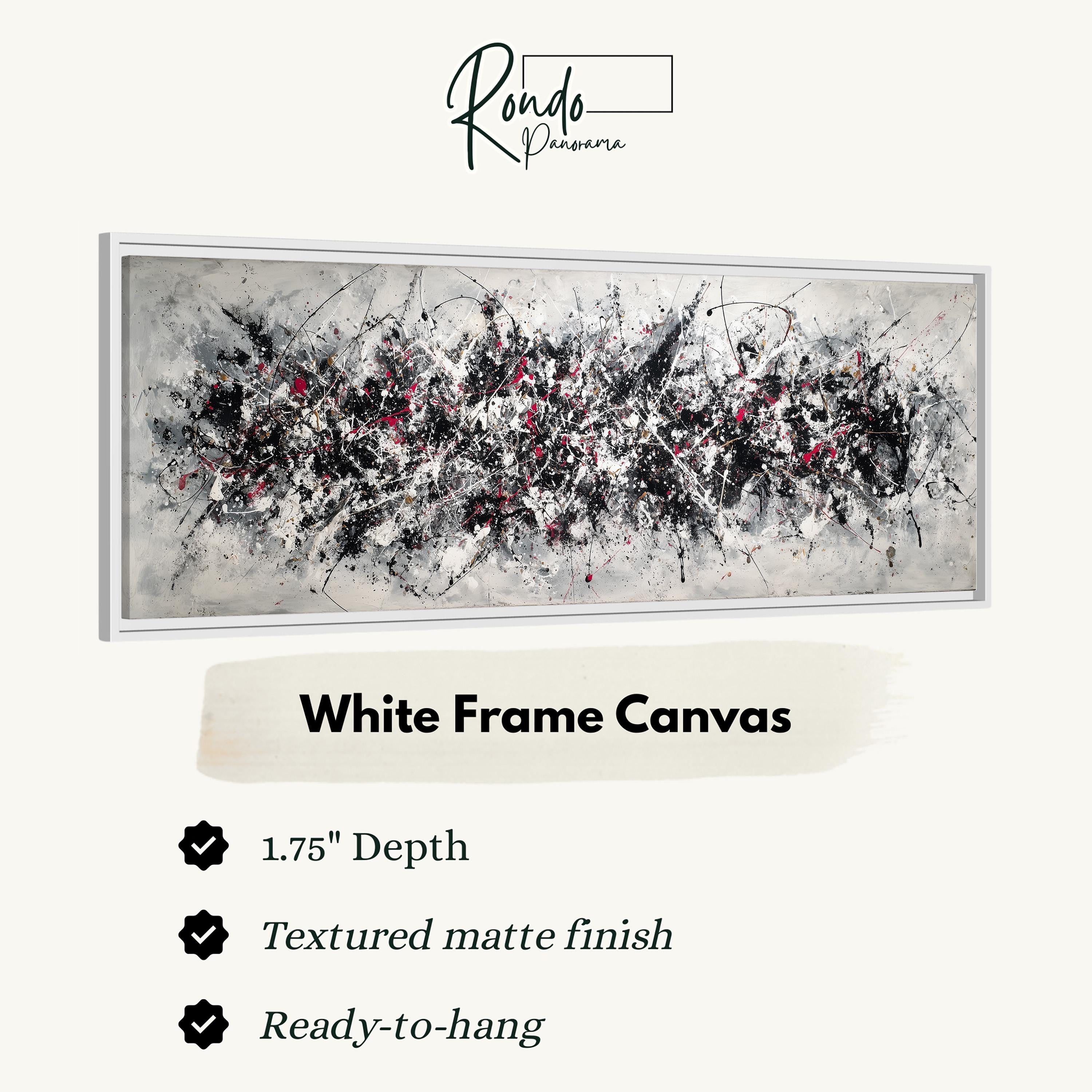 The image is a white frame canvas with a black and white abstract painting on it.