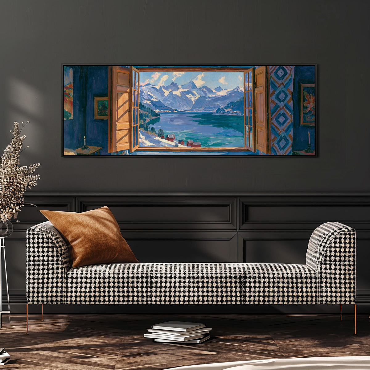 Snowy alpine lake seen through a window wide panoramic canvas print above a bench in a dark living room
