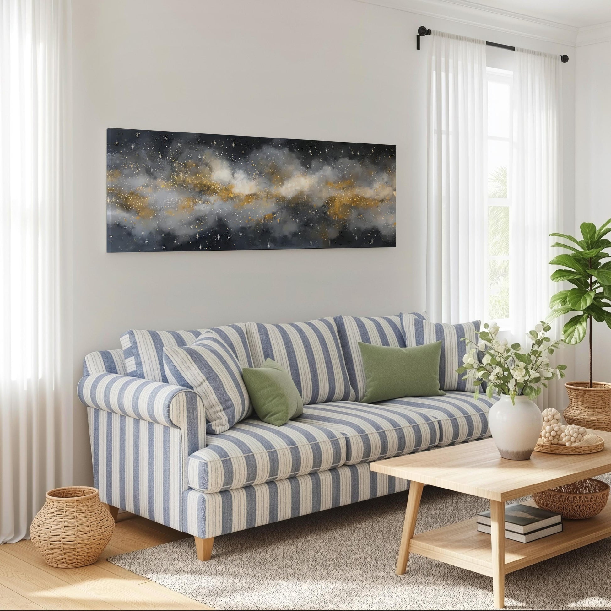 a cozy living room with a striped blue and white sofa, a wooden coffee table, and a large abstract painting hanging on the wall above the sofa.