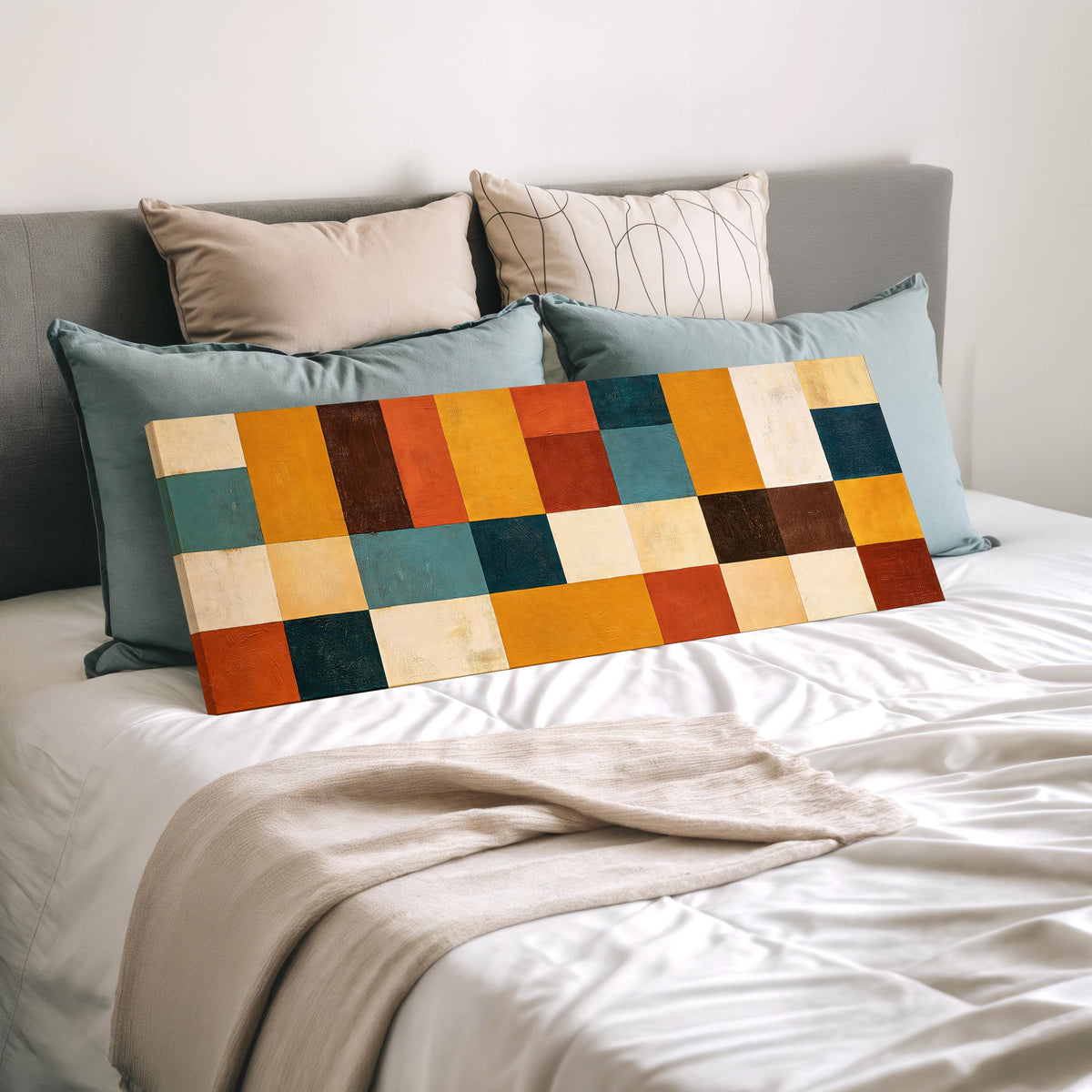 Ochre, rust and teal patchwork blocks wide panoramic canvas print laid on a bed to show its size