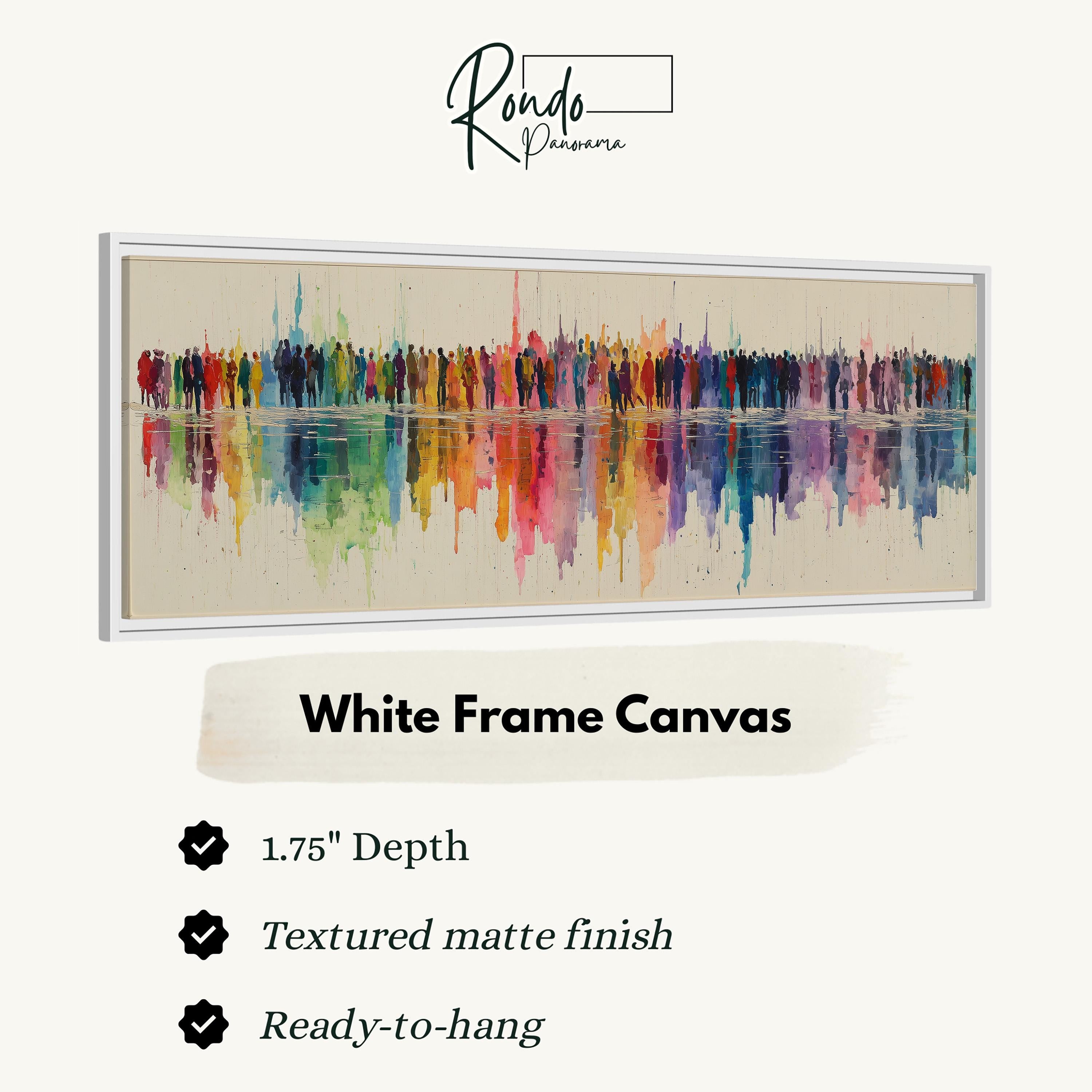 The image is a white frame canvas featuring a colorful abstract painting of people in a line.