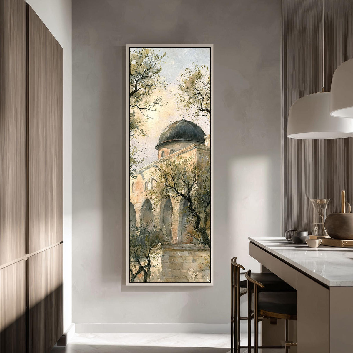 Domed building among olive trees in watercolor tall skinny canvas print in a modern kitchen