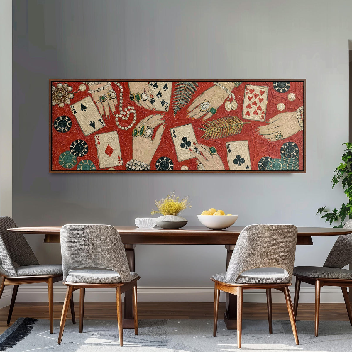 Playing cards, chips and jeweled hands panoramic canvas print above a white sofa in a bright living room