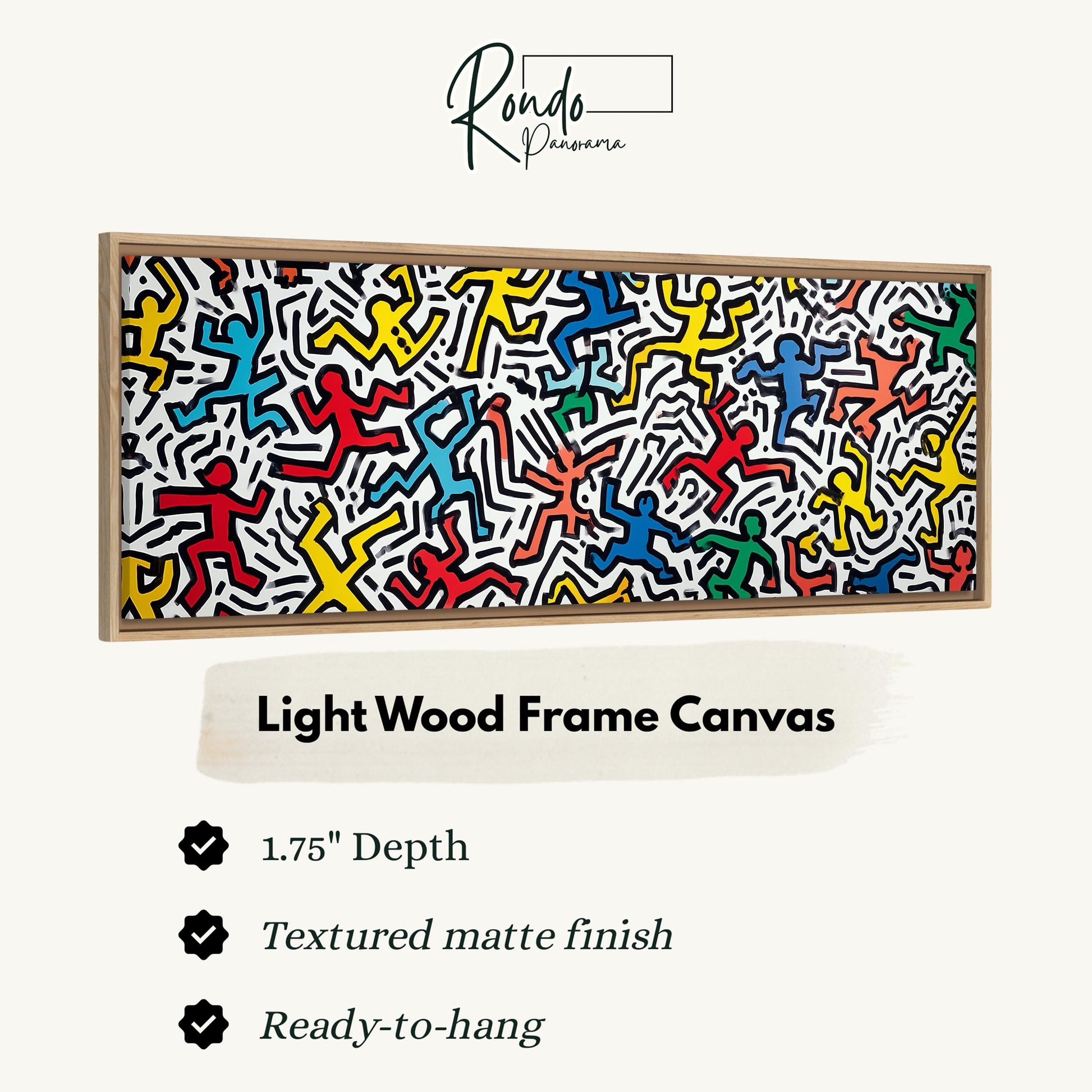 The image is a light wood frame canvas featuring a vibrant abstract artwork with a variety of colorful figures.